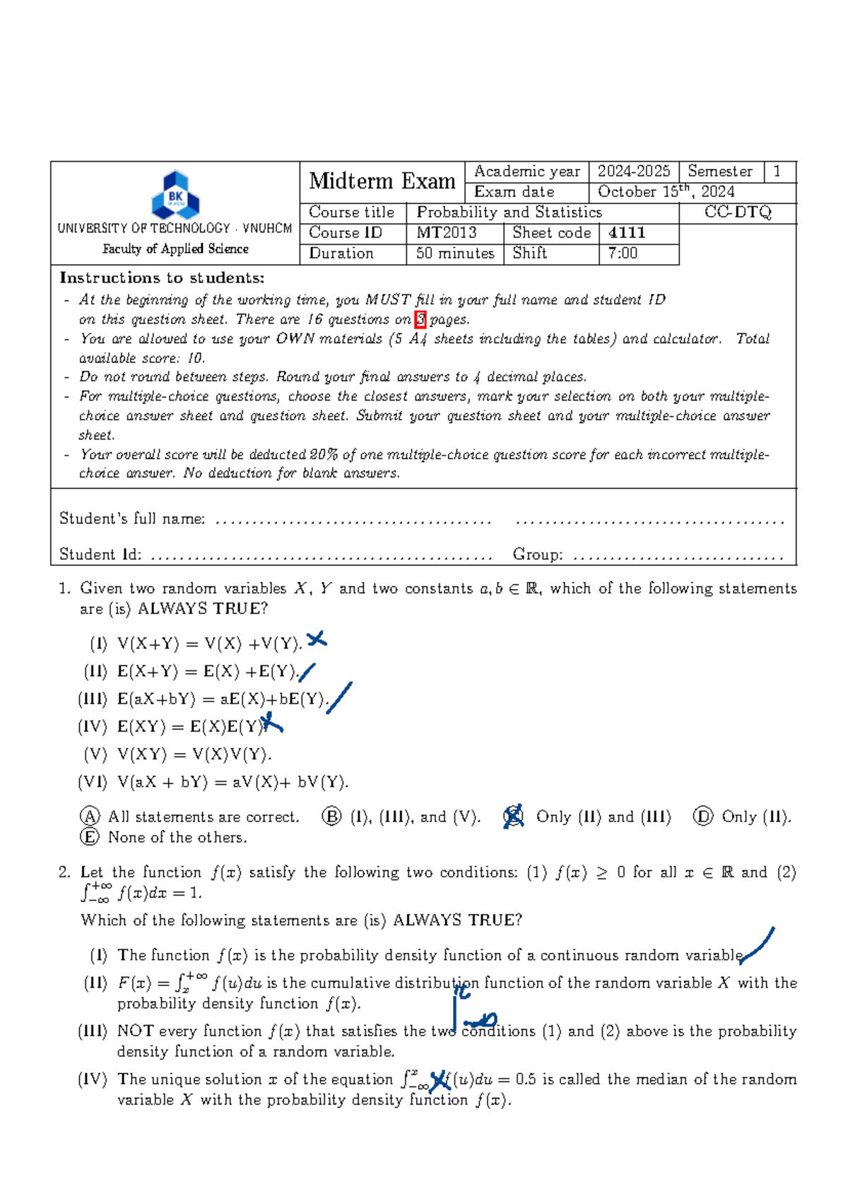 Midterm Exam MT2013: Probability and Statistics - October 15, 2024 ...