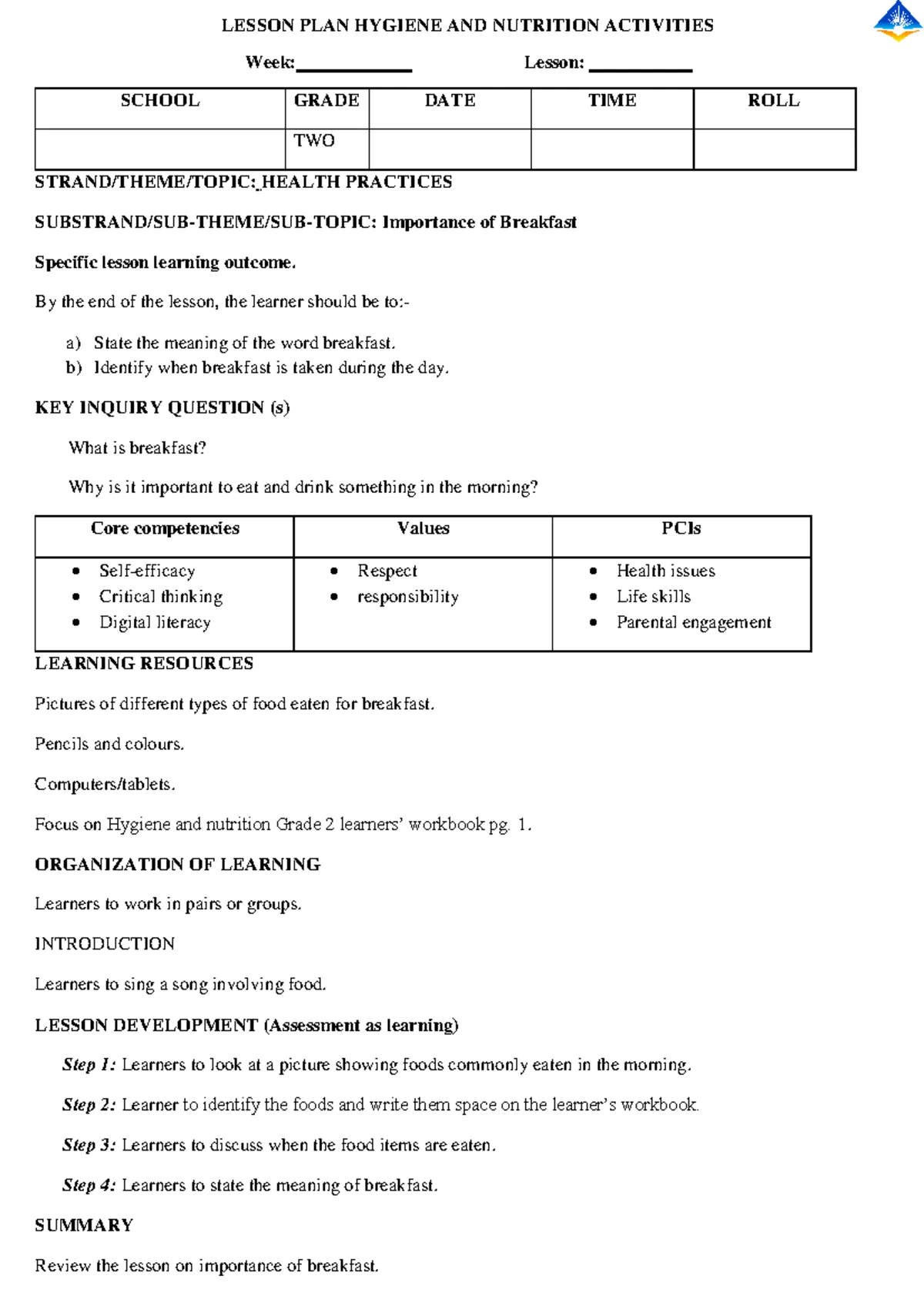 Grade 2 Personal Hygiene and Nutrition Lesson Plans (Hygiene Focus ...