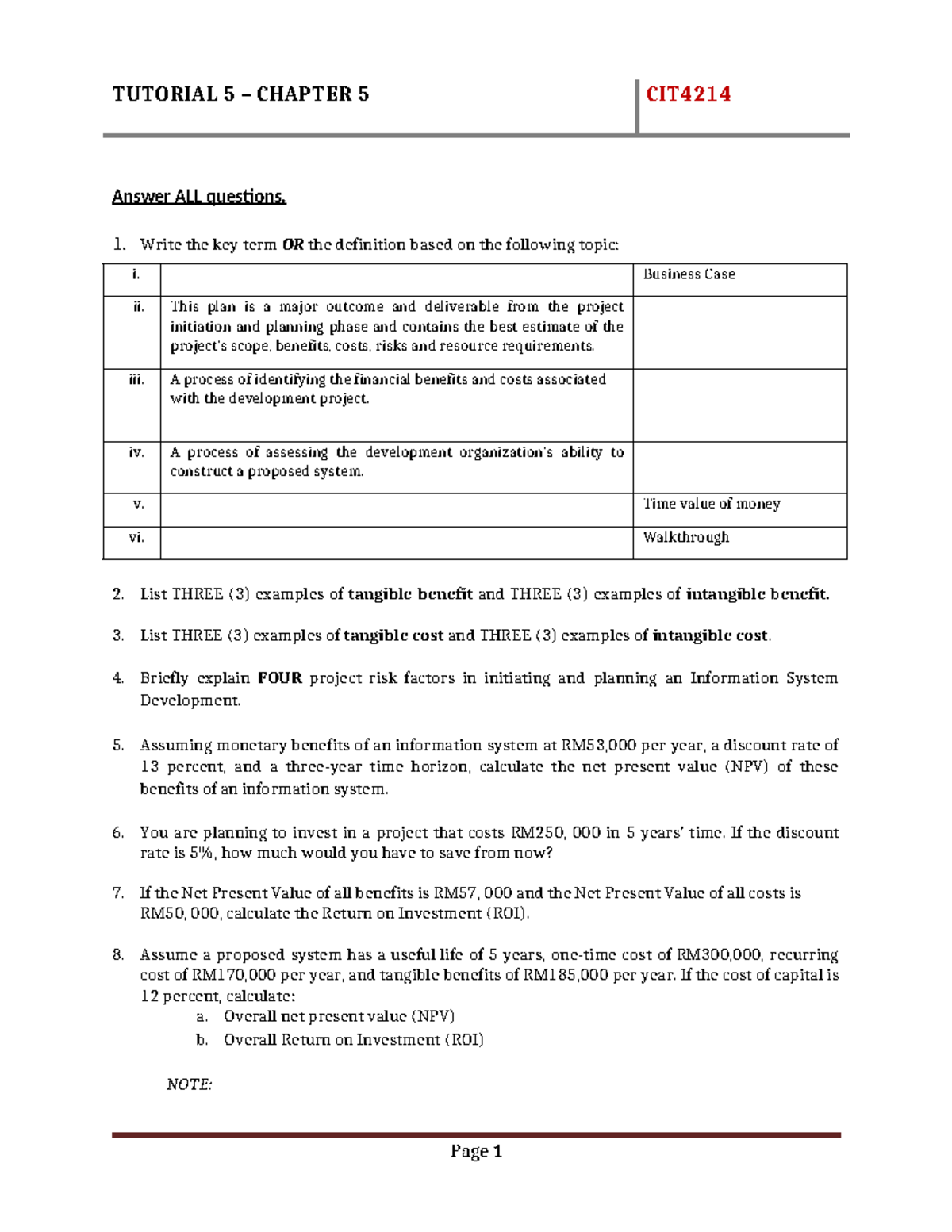 CIT4214 Tutorial 5: Key Concepts & Calculations in IS Development - Studocu