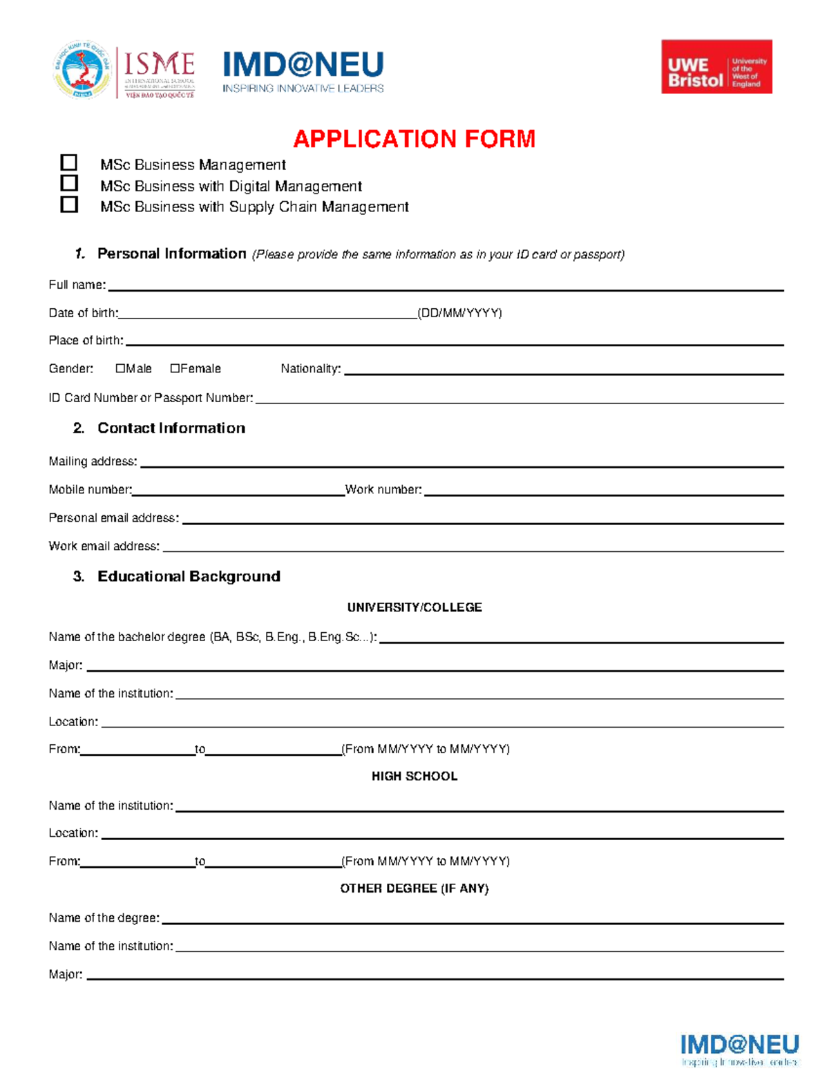 MSc Business Management Application Form: Personal & Educational Info ...