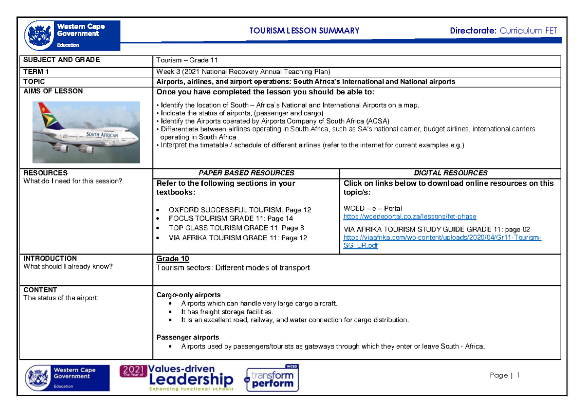 Grade 11 Tourism Week 3 Lesson Summary: Airports & Airlines Operations ...