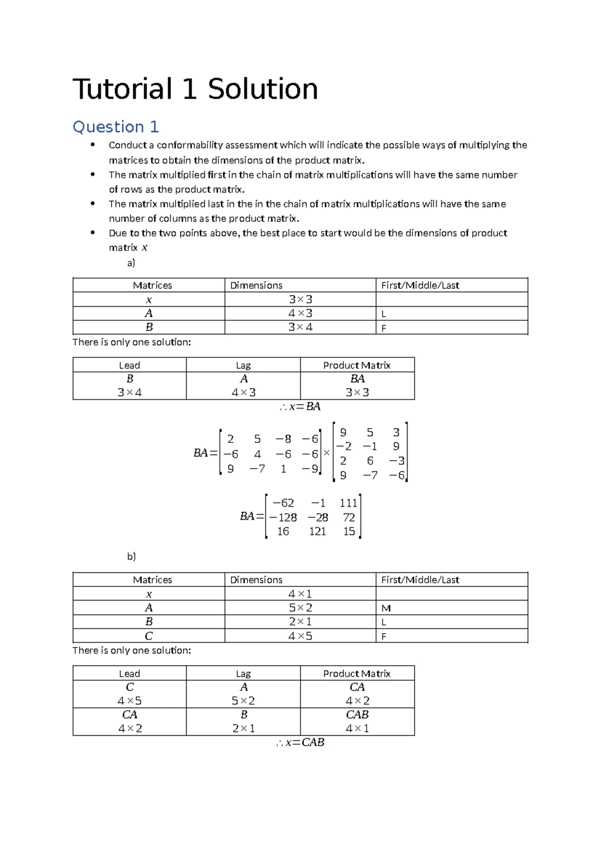 Tutorial 1 - Matrix Multiplication Questions and Solutions - Studocu