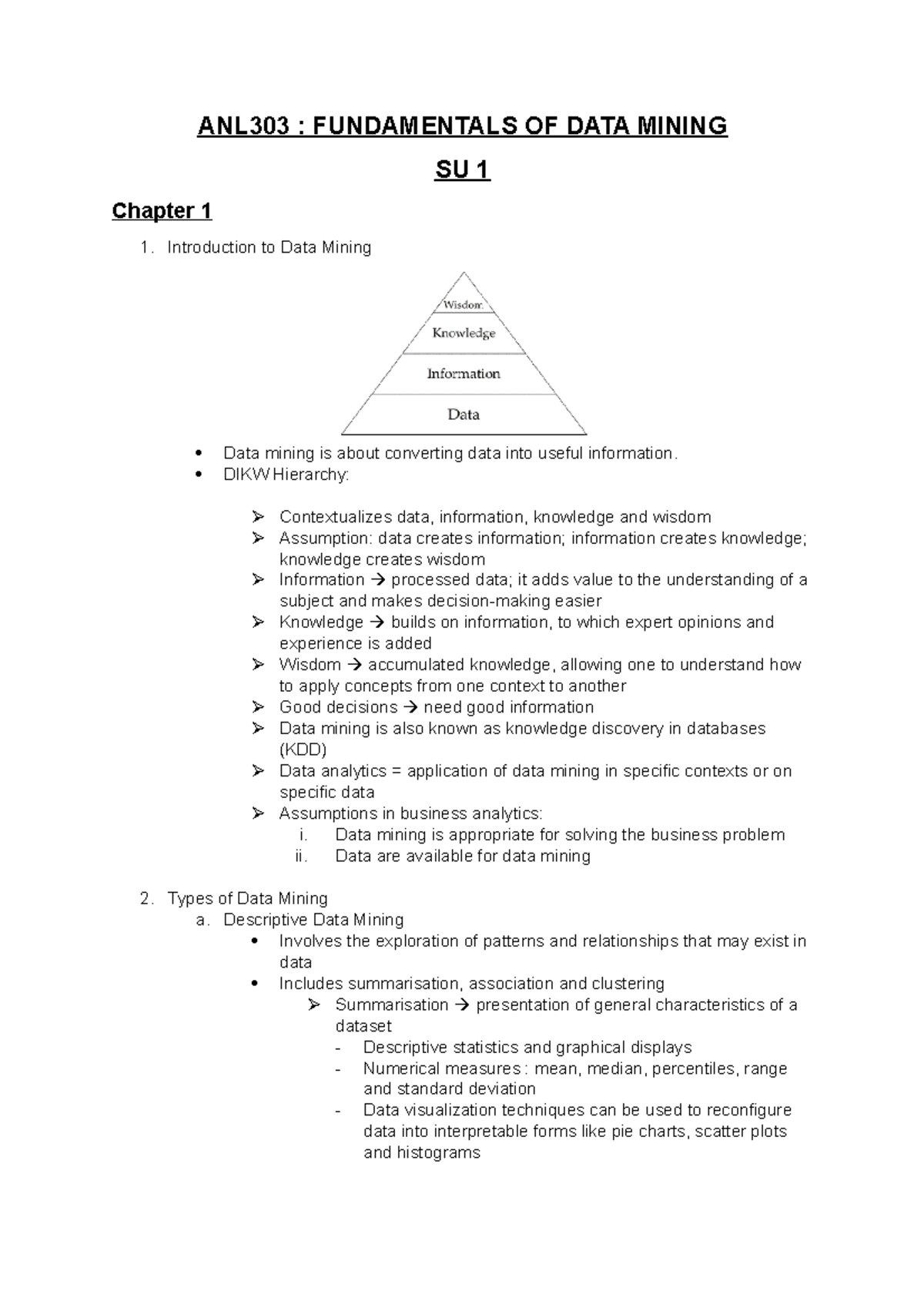 ANL303 - SU1 Chapter 1 Lecture Notes: Data Mining Fundamentals - Studocu