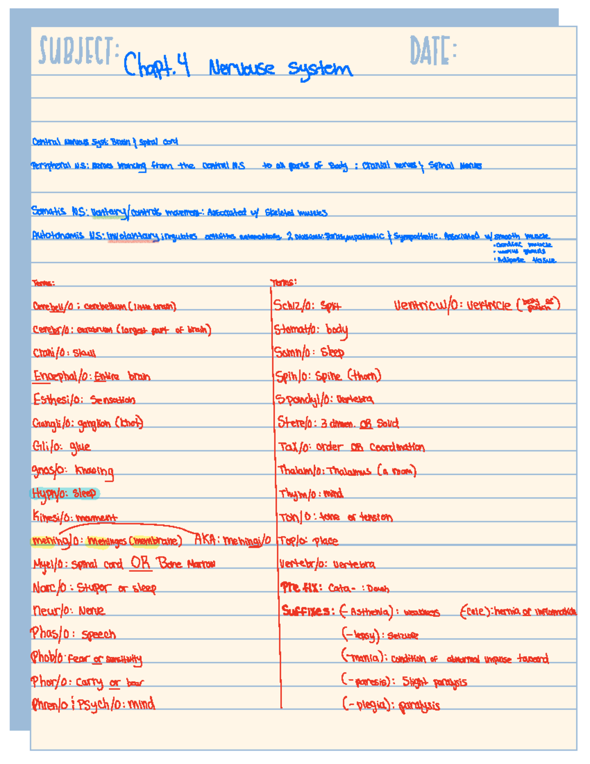 Nervous System Overview and Terminology - Chapter Notes (BIO101 ...