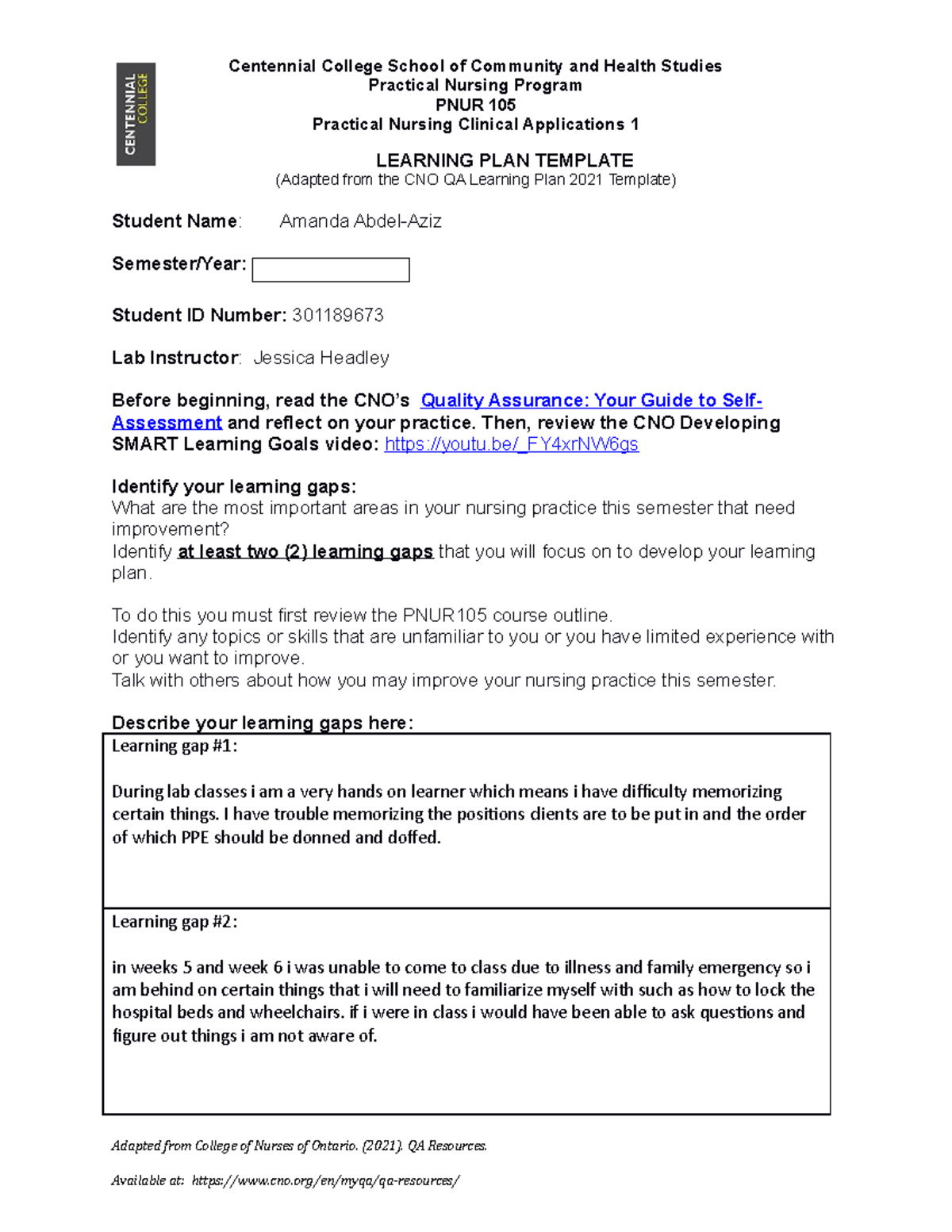 PNUR 105 Learning Plan: Practical Nursing Clinical Applications 1 - Studocu