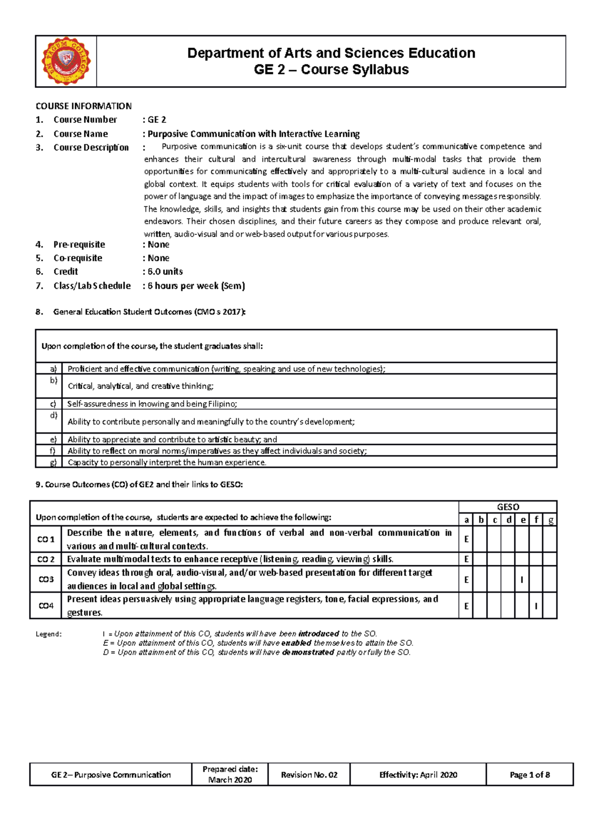 GE 2 Final Revision Syllabus for Purposive Communication Course - Studocu