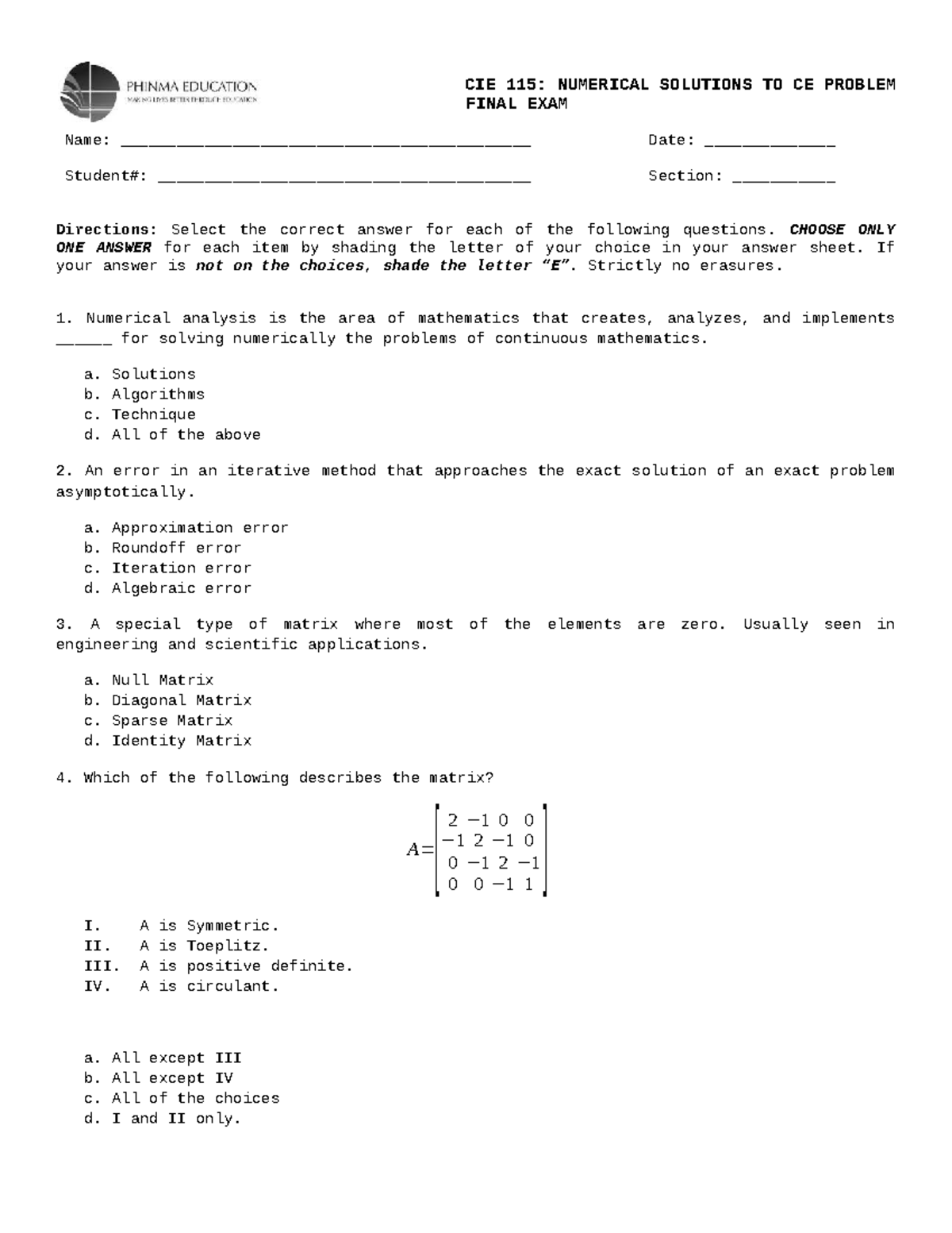 CIE 115: FINAL EXAM KEY FOR NUMERICAL SOLUTIONS TO CE PROBLEM - Studocu