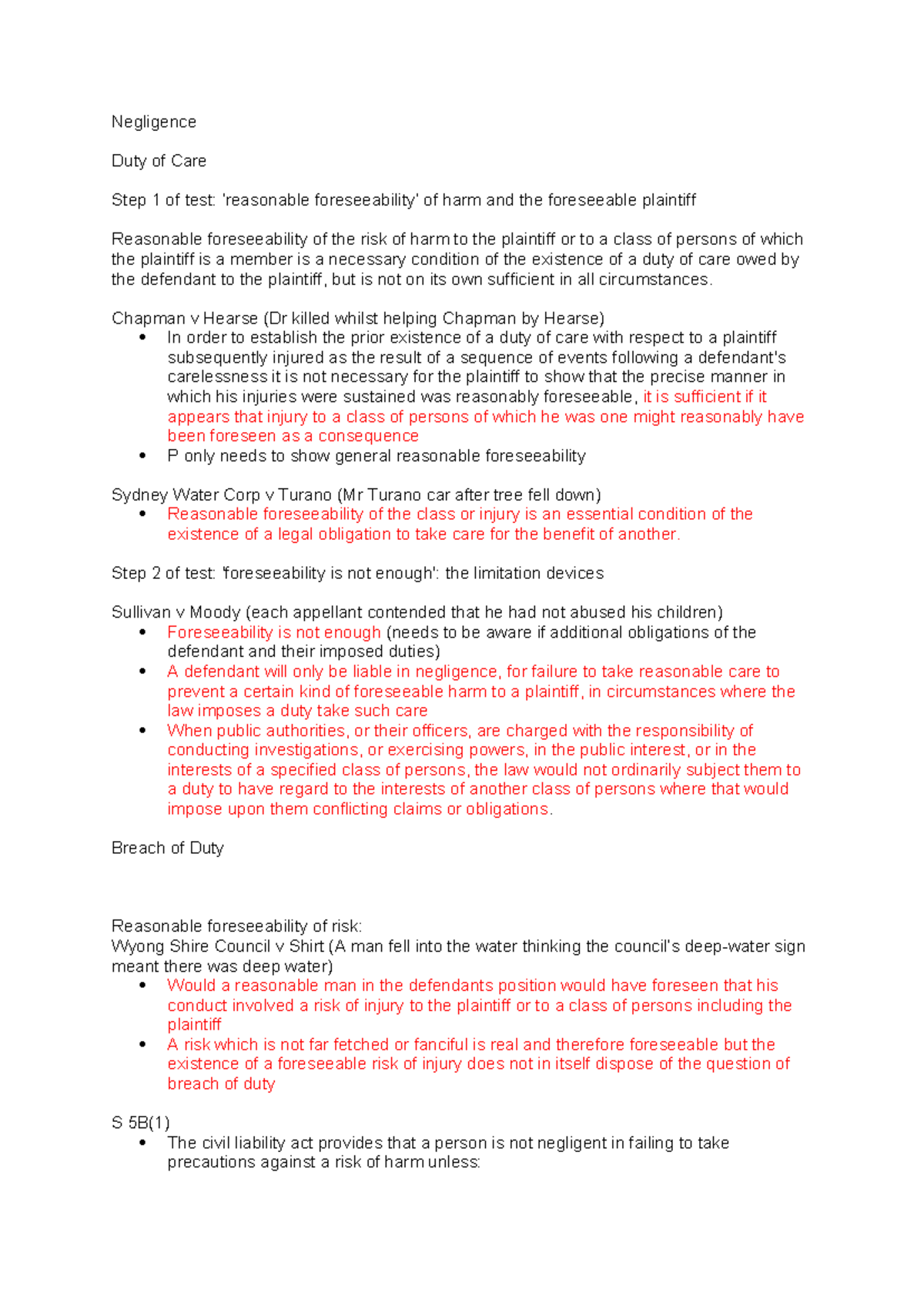 Negligence - Duty of Care and Foreseeability Summary (TORT 101) - Studocu