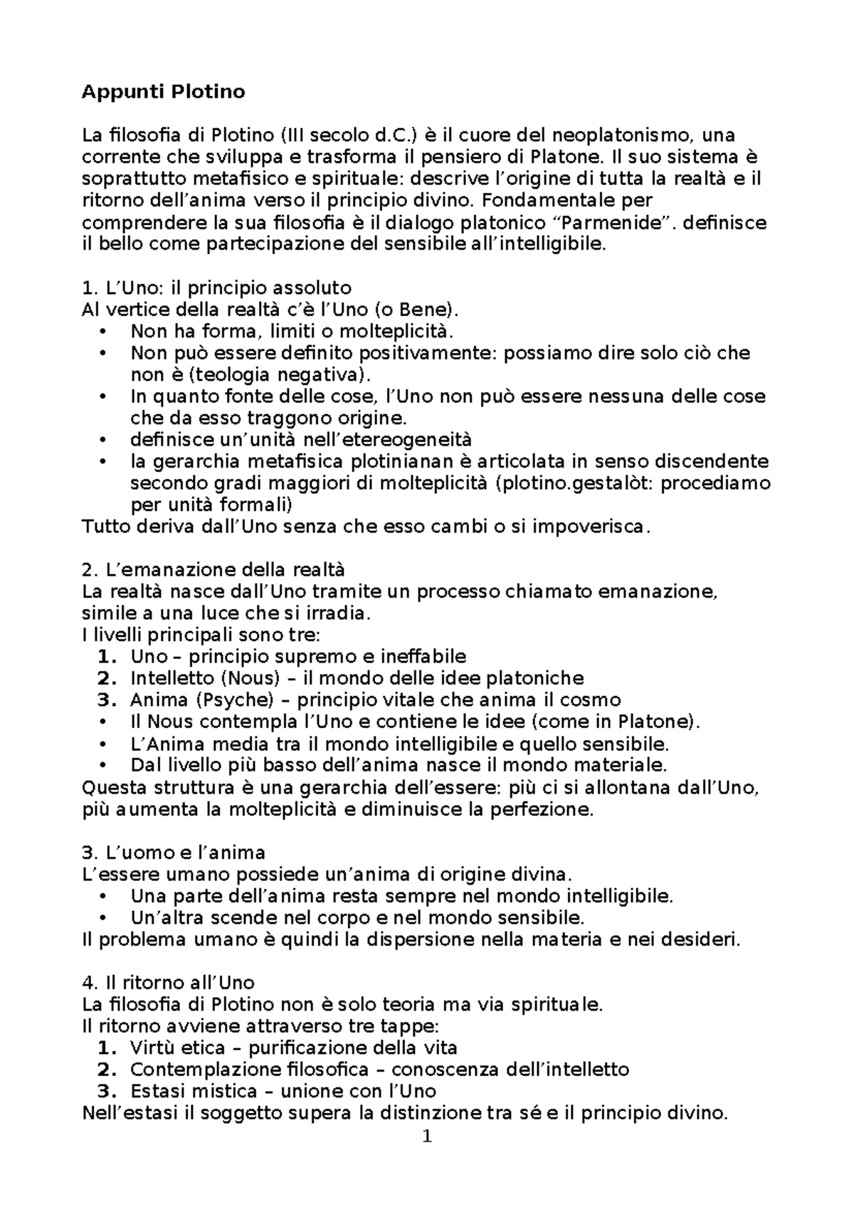 Riassunto Temi Principali di Plotino - Filosofia Neoplatonismo - Studocu