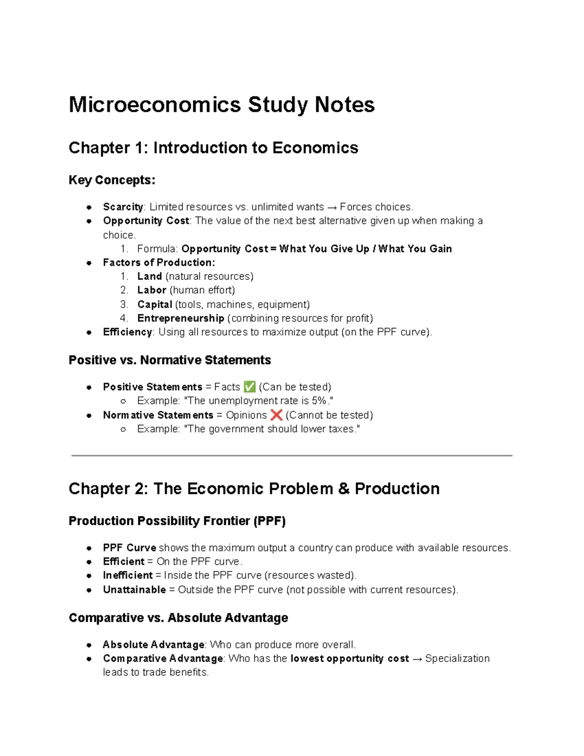 Microeconomics Study Notes: Chapter 1 & 2 Key Concepts - Studocu