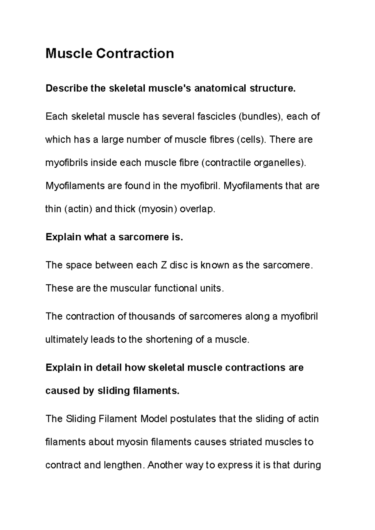 Muscle Contraction - Notes - Muscle Contraction Describe the skeletal ...