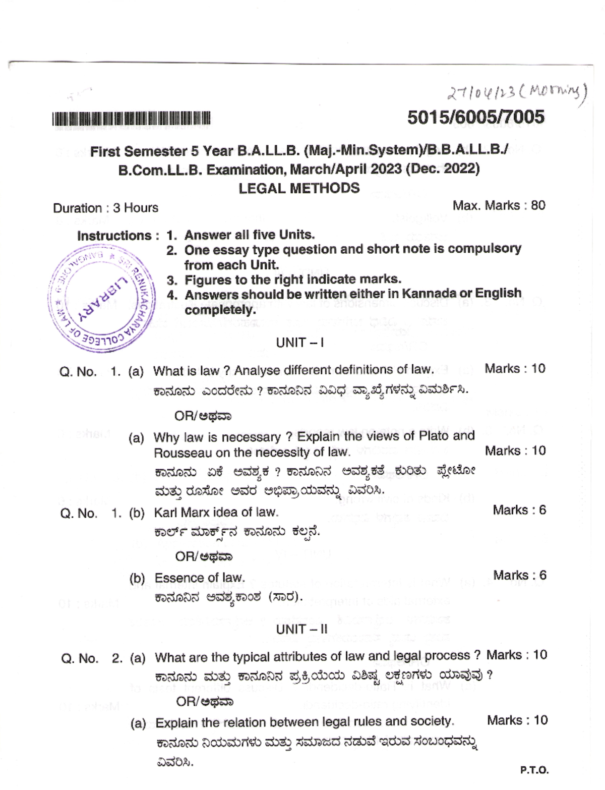 Legal Methods Exam Notes - B.A.LL.B & B.Com.LL. 80 Marks 2023 - Studocu