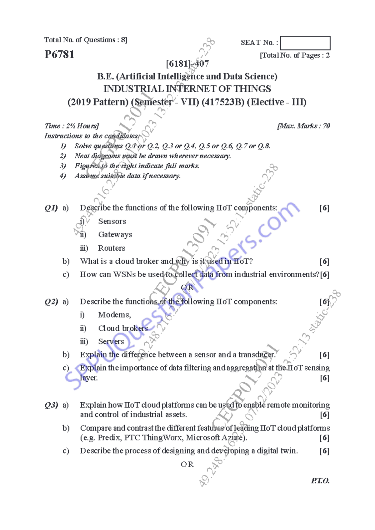 BE AIDS SPPU - IIoT Question Paper (Semester VII, Elective III) - Studocu