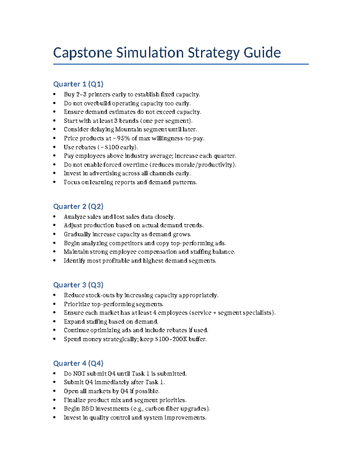Capstone Simulation Strategy Guide Q1-Q4: Key Tips for Success - Studocu