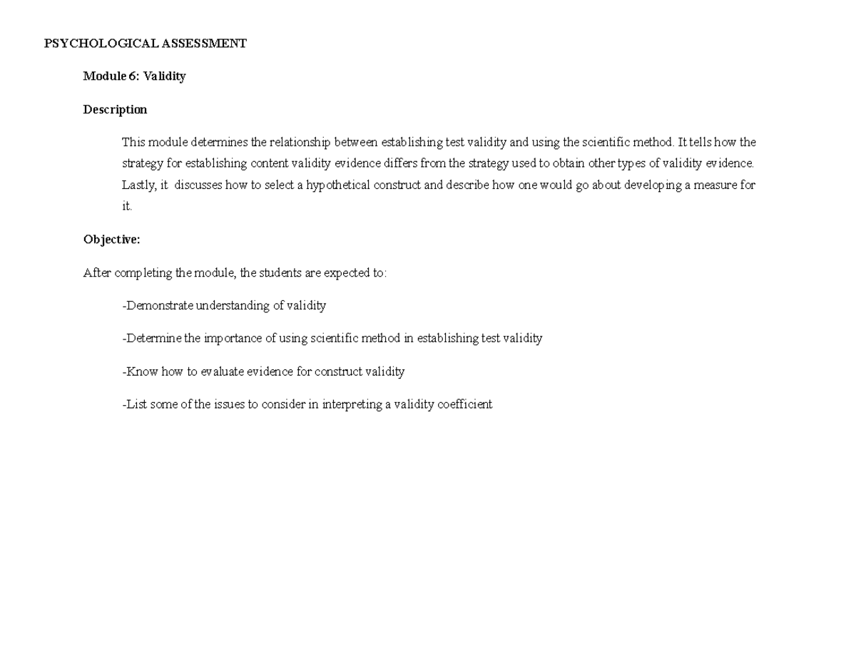 Psych Assess PSY-601 Module 6: Understanding Validity in Testing - Studocu