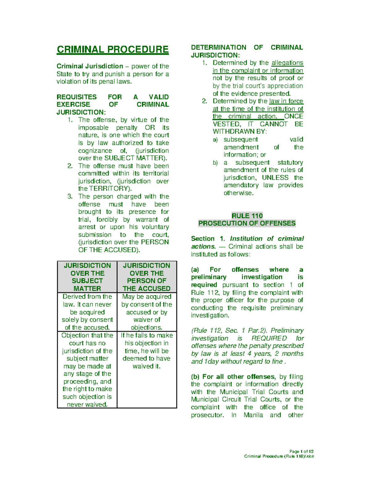 Kich Notes - CRIMINAL PROCEDURE (Rule 110) Overview and Jurisdiction ...