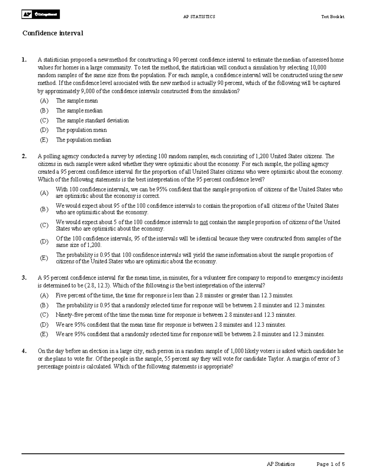 AP STATISTICS Test Booklet: Confidence Interval Concepts and ...