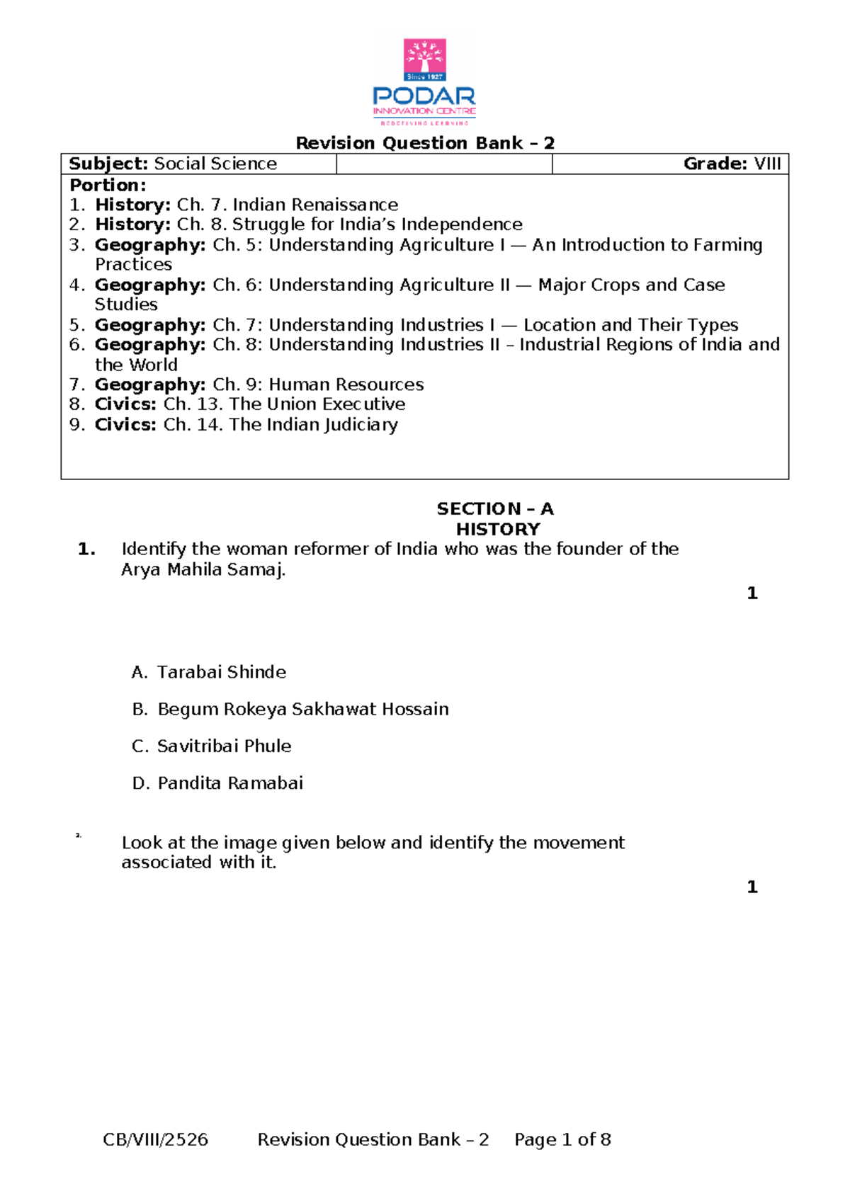 CB VIII Social Science Revision Question Bank 2: History & Geography ...