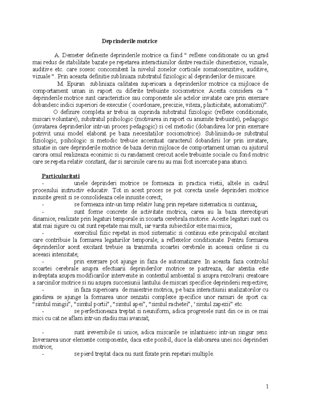 Deprinderile Motrice - Definitii, Tipuri si Formare - Studocu
