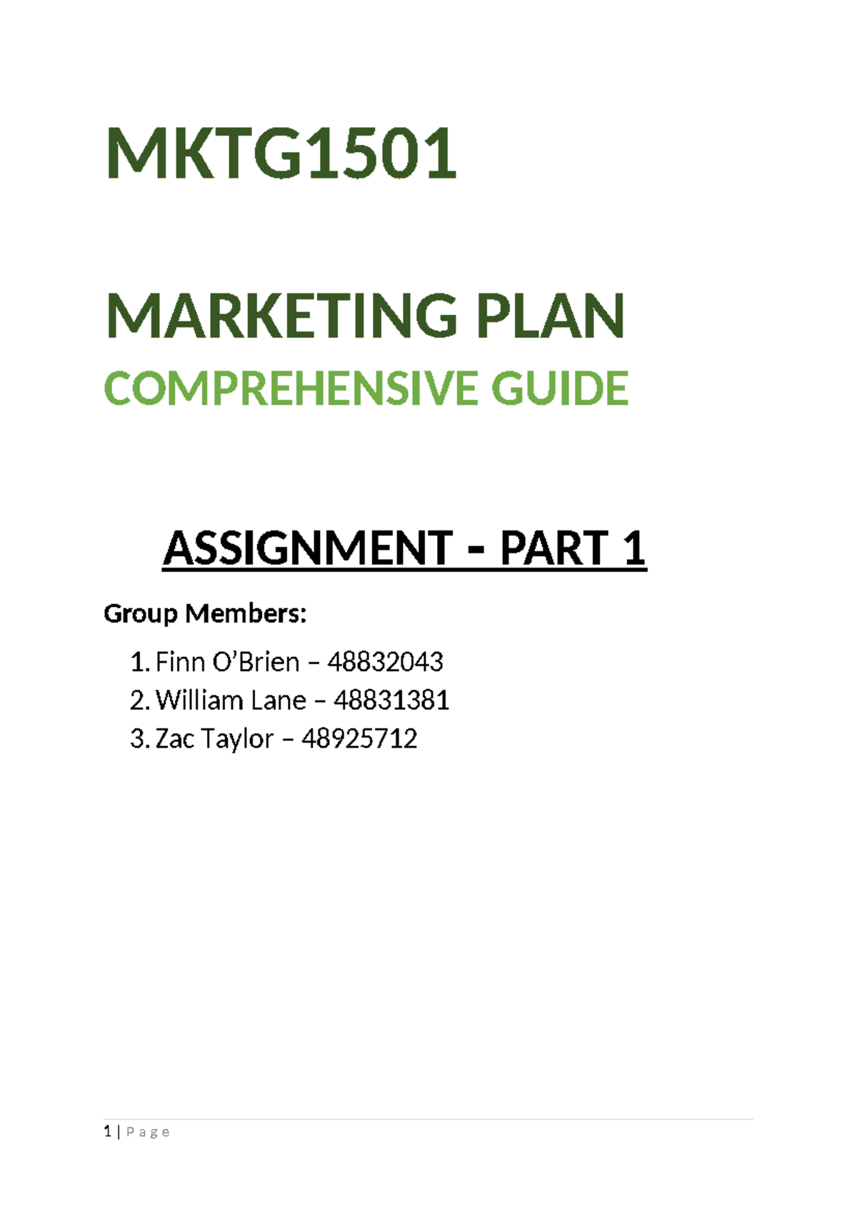 MKTG1501 - Comprehensive Marketing Plan Assignment (Part 1) - Studocu