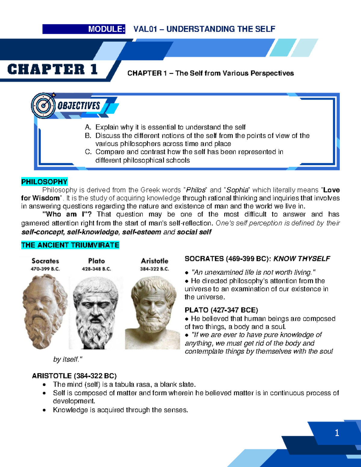 MODULE: OVAL01 UNDERSTANDING THE SELF - Chapter 1 Overview - Studocu