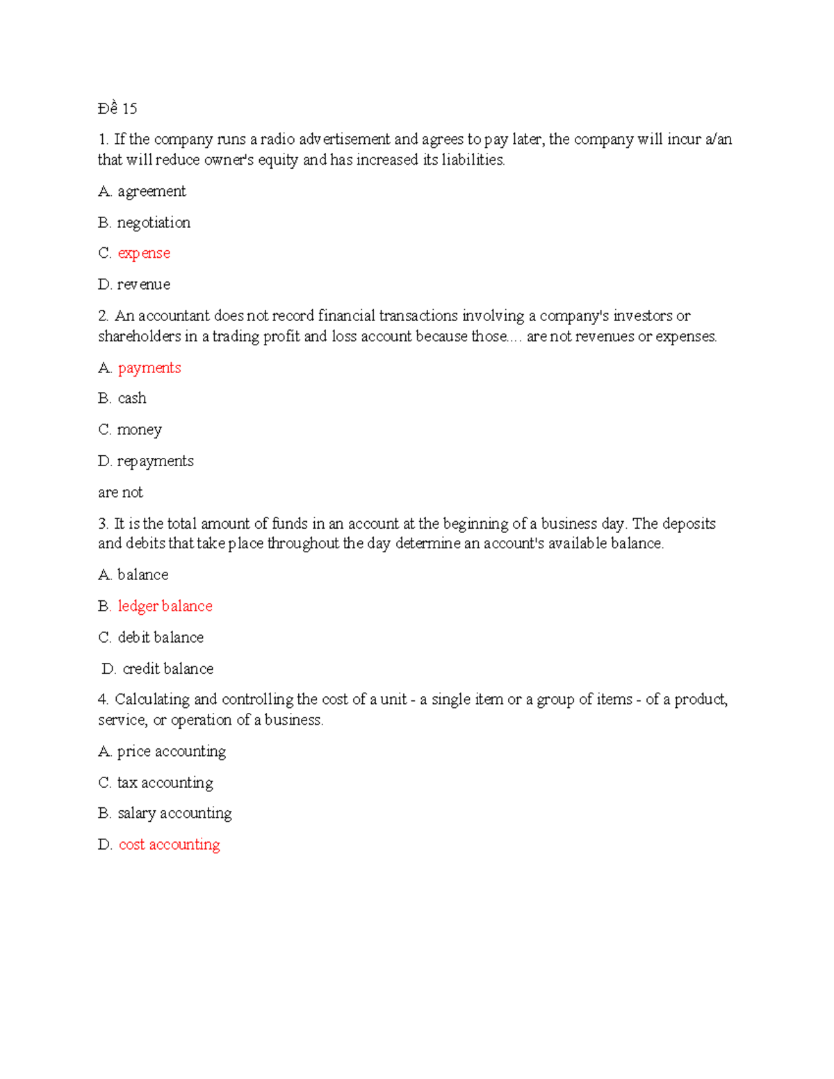 Đề 15: Multiple Choice Questions on Accounting Principles and Practices ...