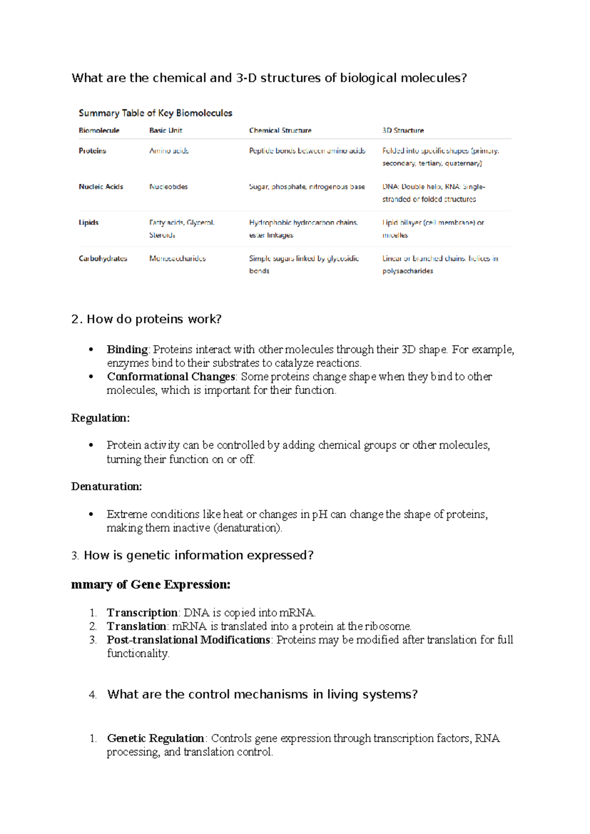 Biochem 101: Key Concepts in Biological Molecules and Life - Studocu