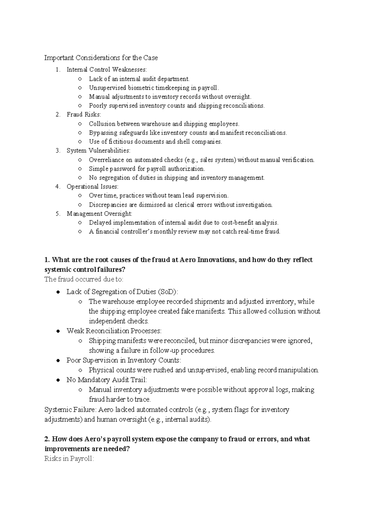 Aero Innovations Case Study: Internal Control Weaknesses & Fraud Risks ...