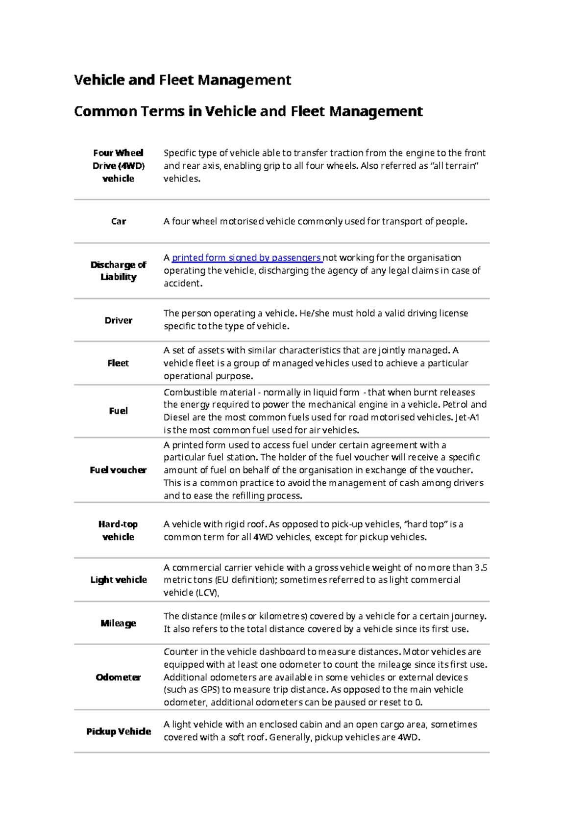 Vehicle and Fleet Management: Key Terms and Concepts Overview - Studocu