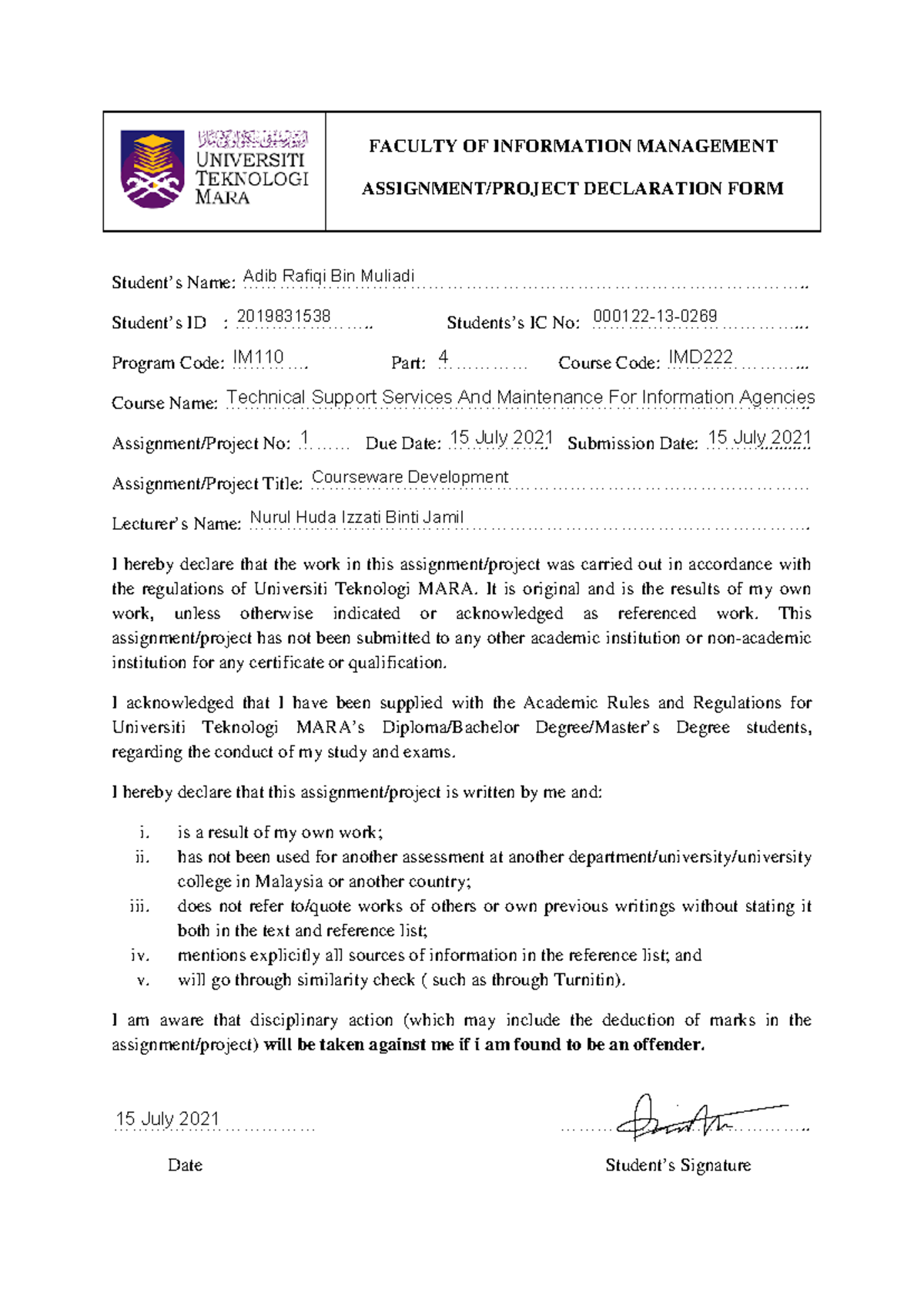 (CD) Faculty OF Information Management Declaration FORM - FACULTY OF ...
