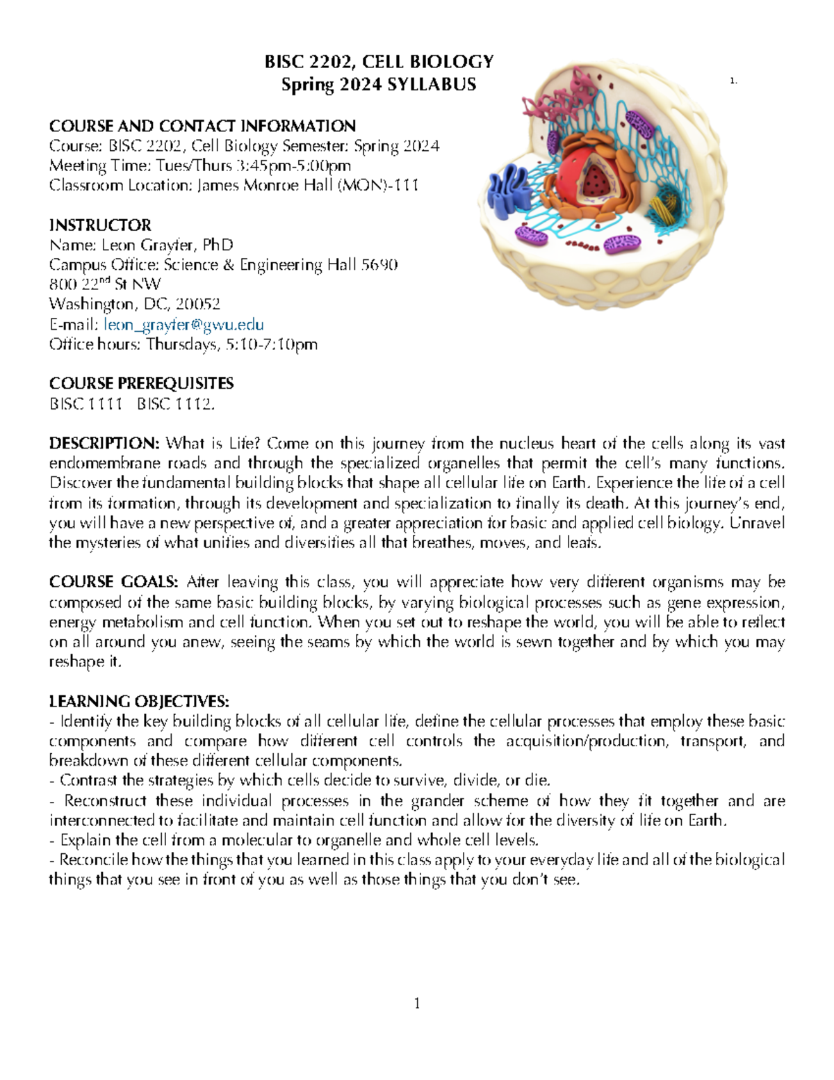 BISC 2202 Spring 2024 Cell Biology Syllabus and Course Guide - Studocu