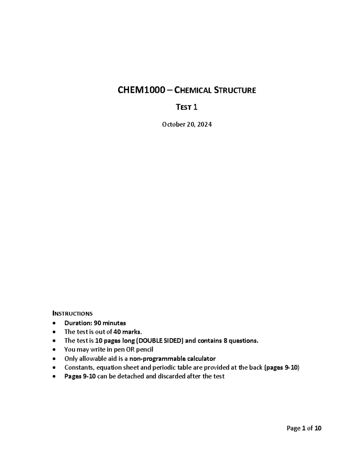 CHEM1000 F Test 1 2024 10 07 solutions students - CHEM 1000 – CHEMICAL ...