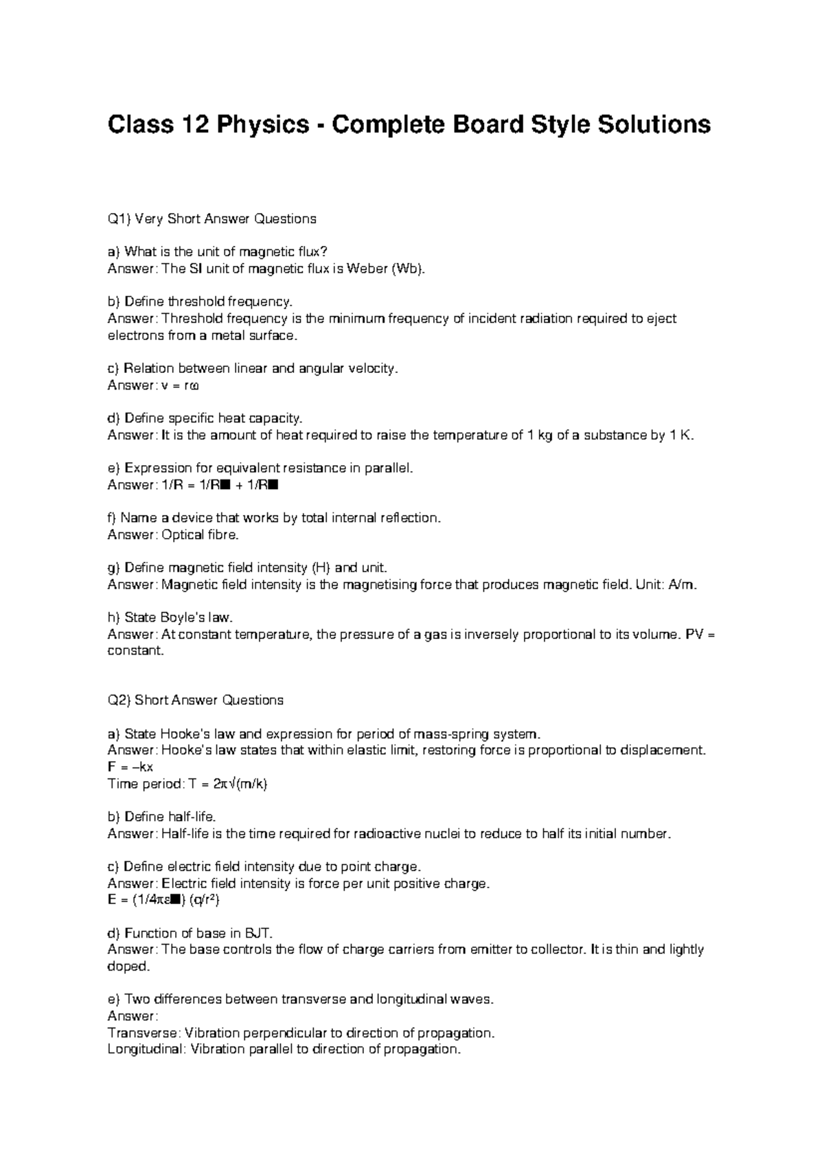 Class 12 Physics Board Exam Complete Solutions and Answers - Studocu