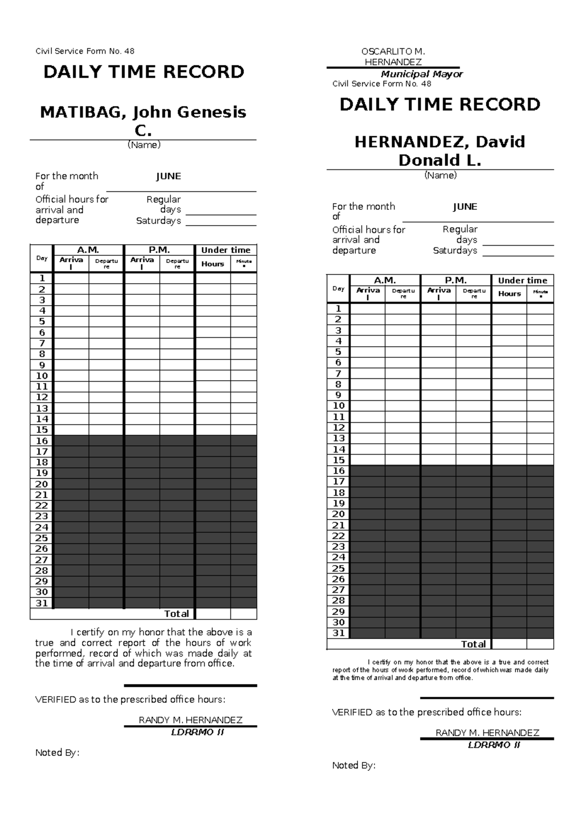 DTR 1 - Daily Time Record for Municipal Mayor Hernandez - Studocu