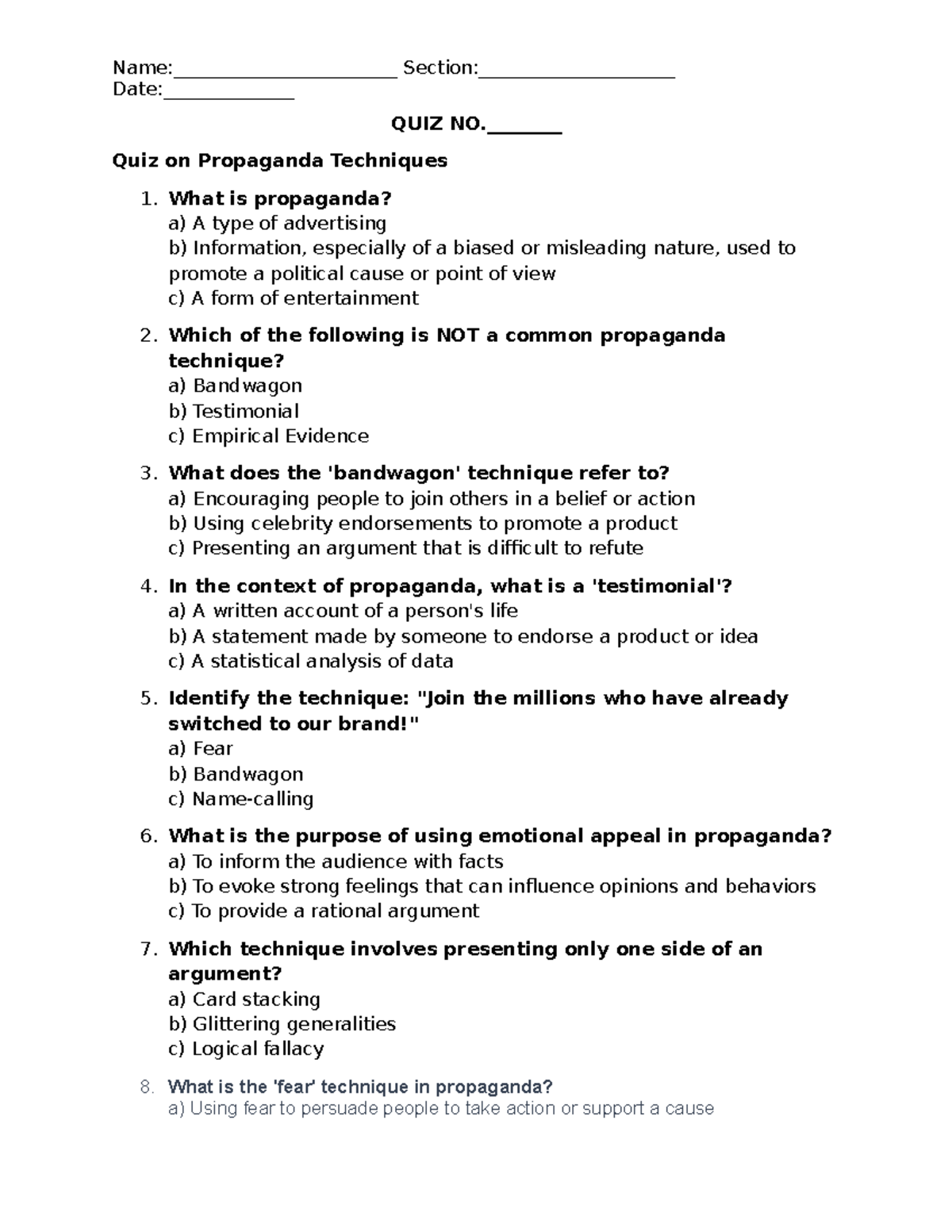 Propaganda Quiz - A short quiz for grade 8 - Name ...