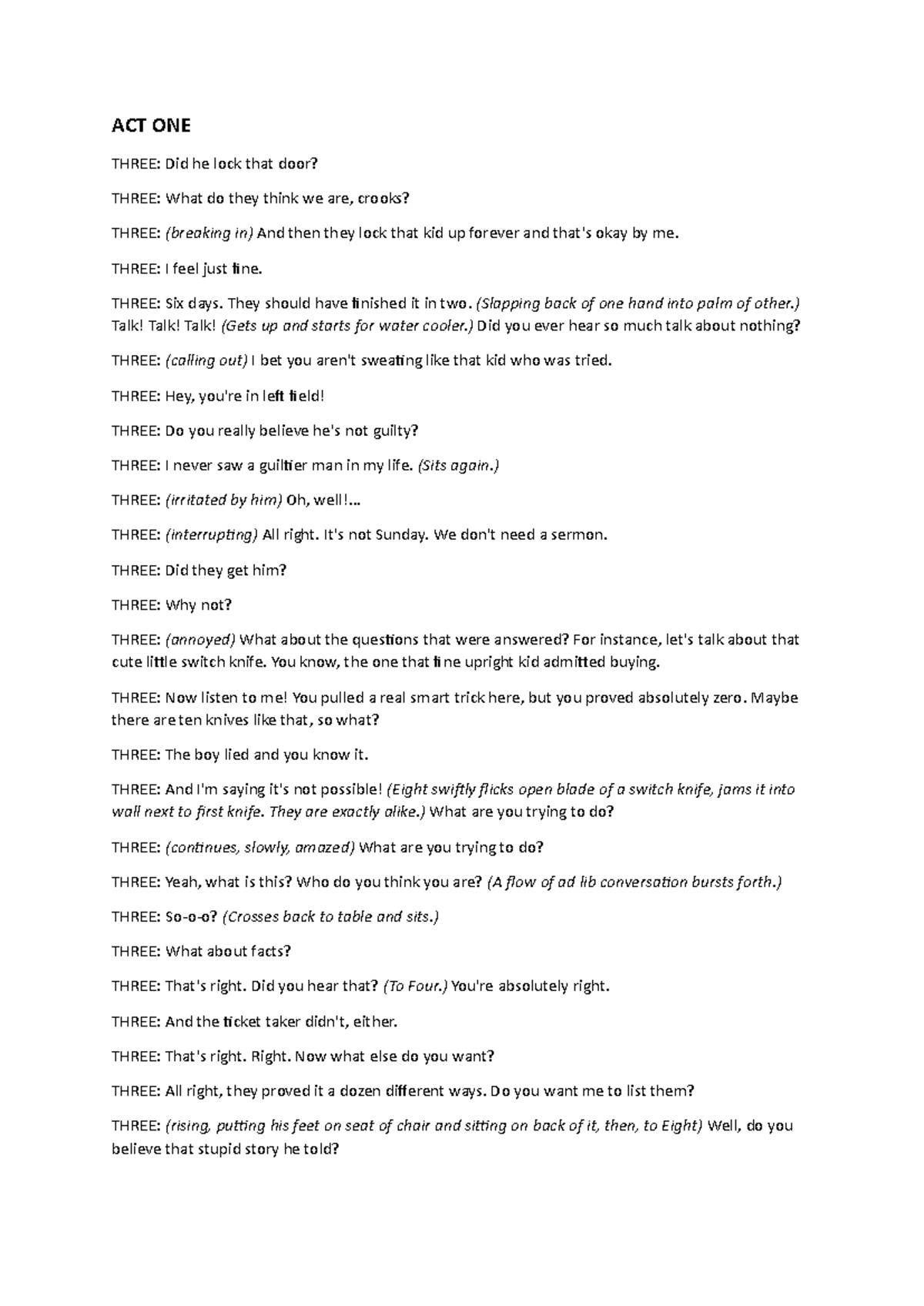 ACT ONE & TWO: Juror 3's Script Analysis - 