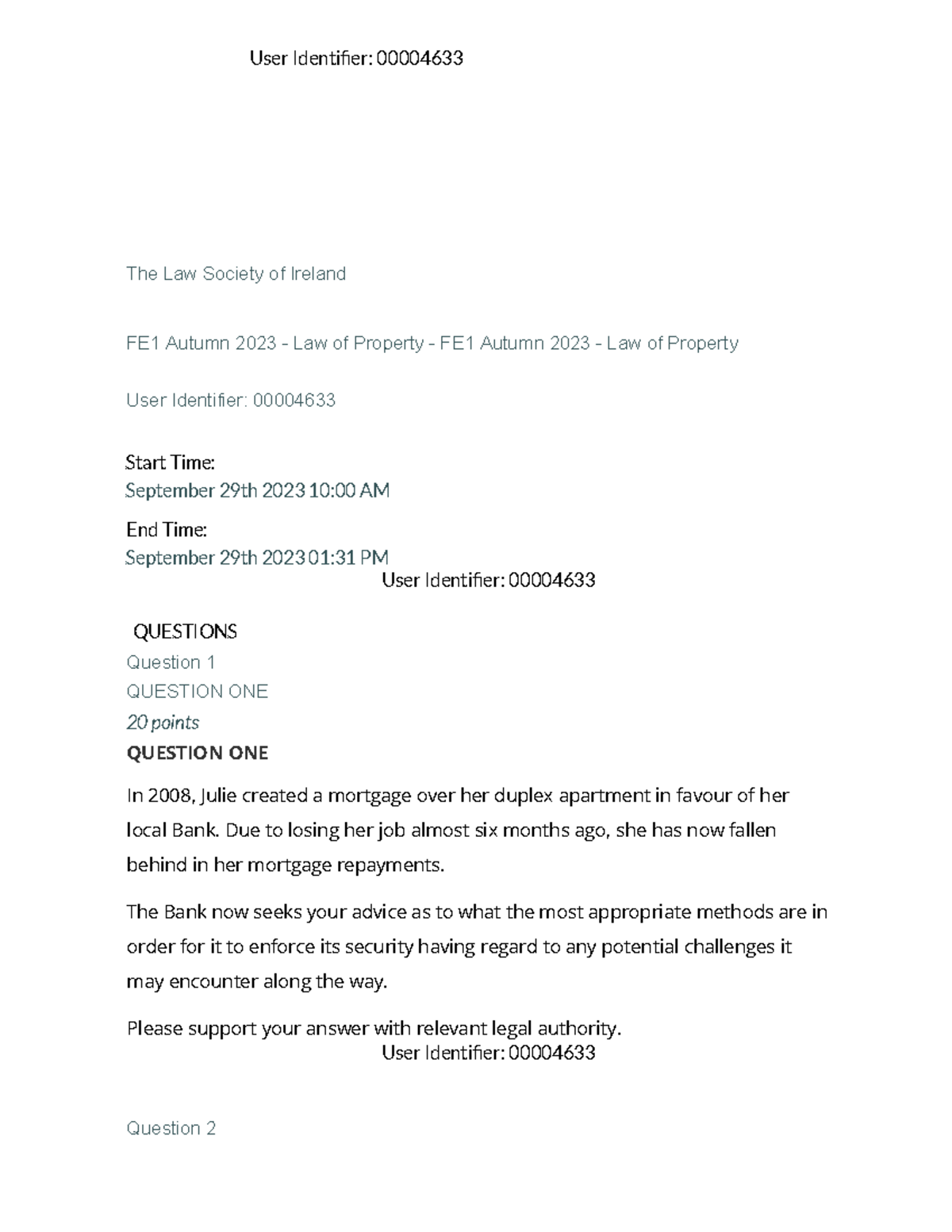 FE1 Autumn 2023 Law of Property Exam Questions and Analysis - Studocu