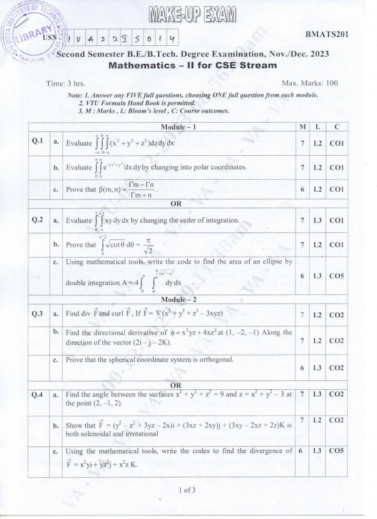 BMATS201 Second Sem Exam: Mathematics II for CSE - Jan 2023 - Studocu