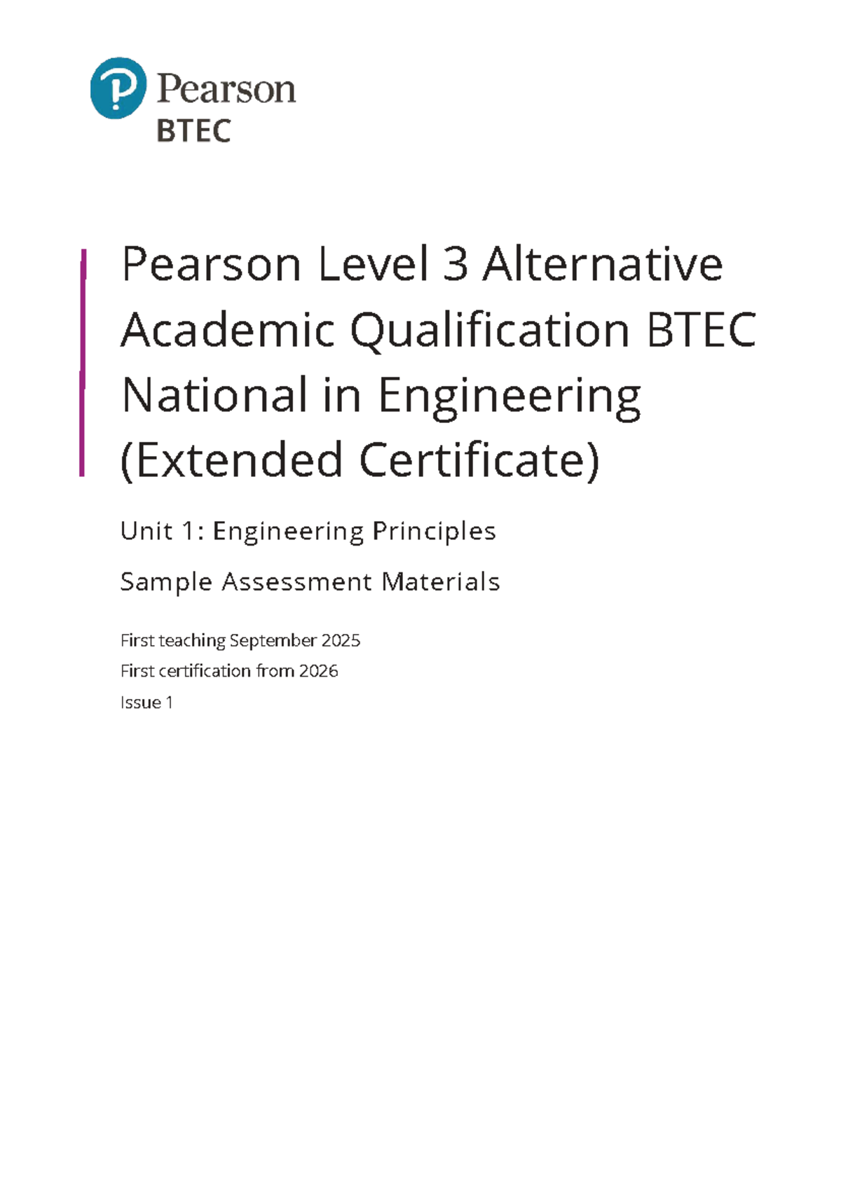 BTEC National Level 3 Extended Cert in Engineering: Unit 1 SAM - Studocu