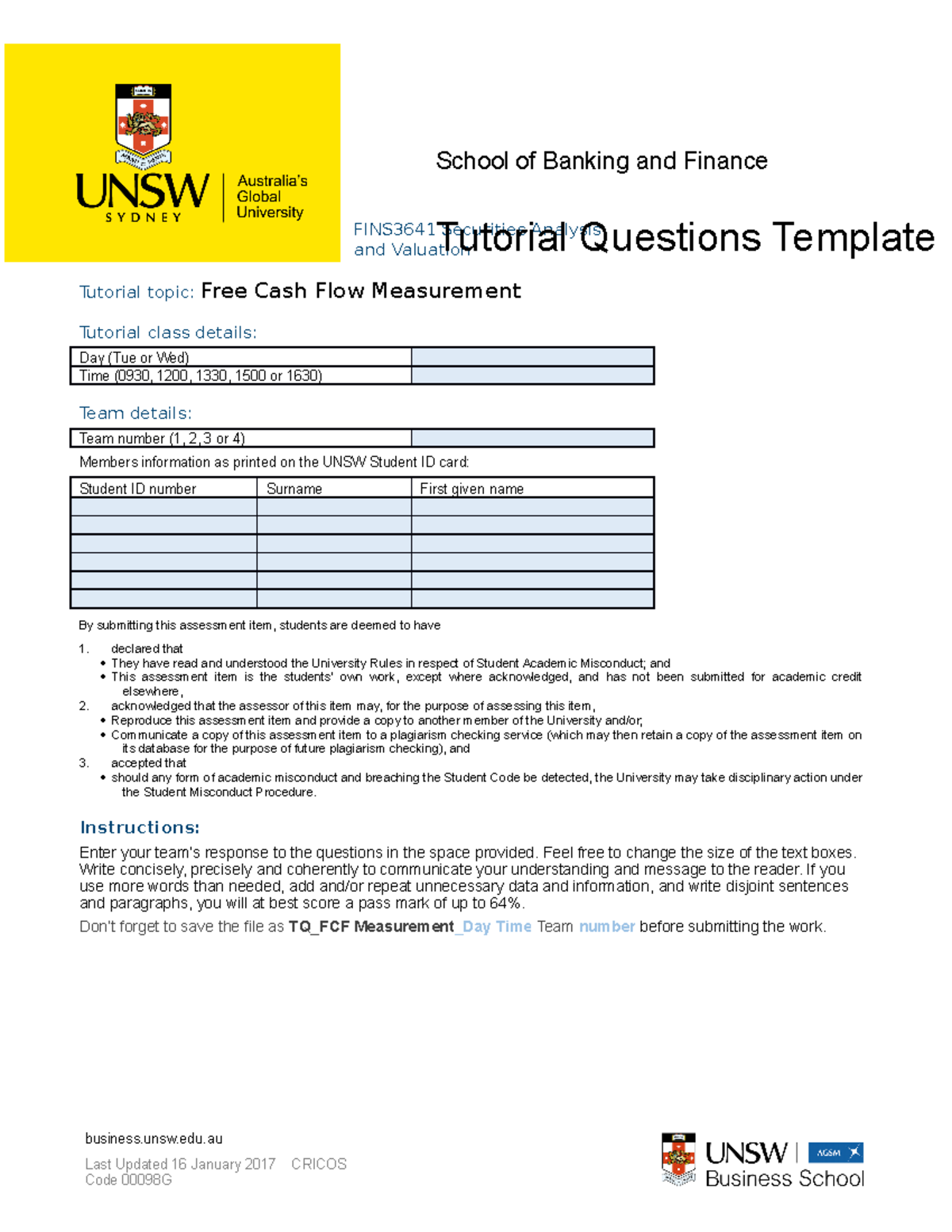 TQ Template FCF measurement - business.unsw.edu Last Updated 16 January ...