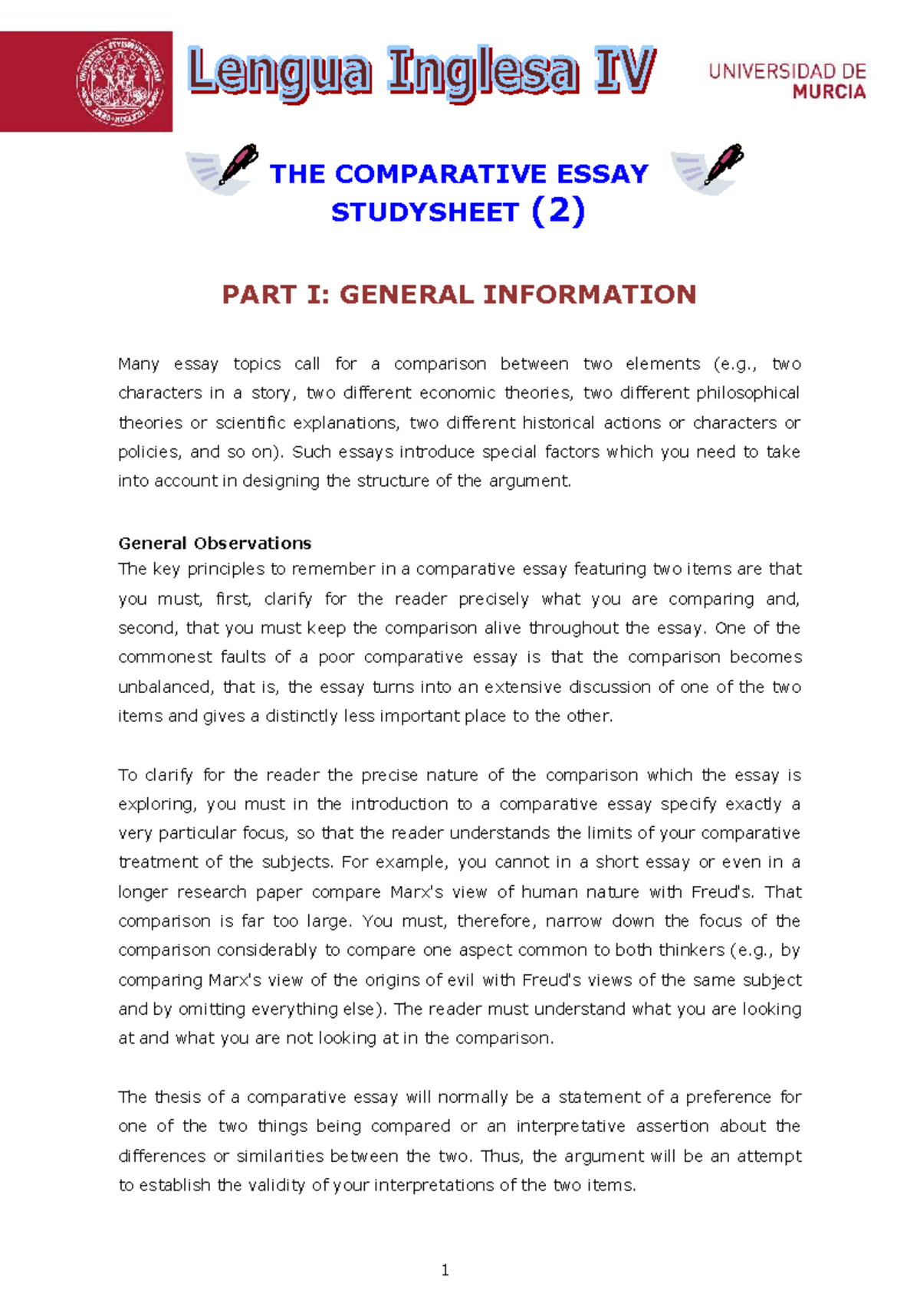 Writing Comparative Essay Study Sheet (2) - Studocu