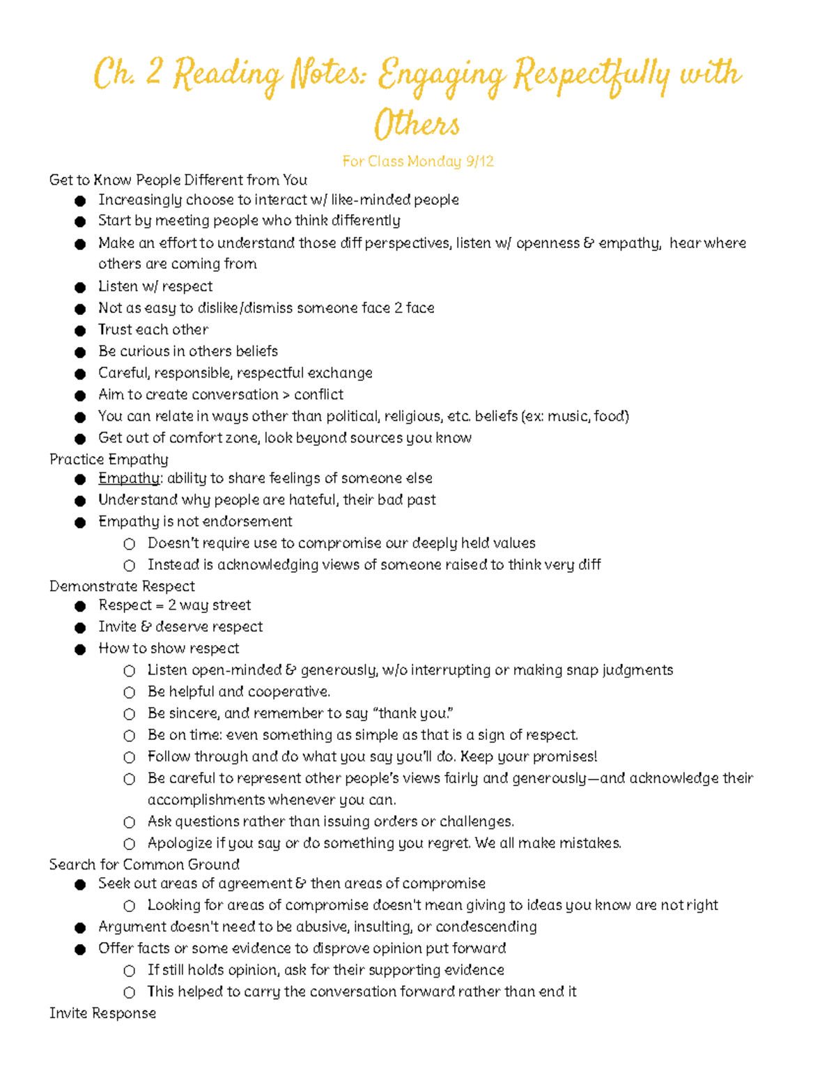 Ch. 2 Reading Notes: Engaging Respectfully with Others for Class - Studocu