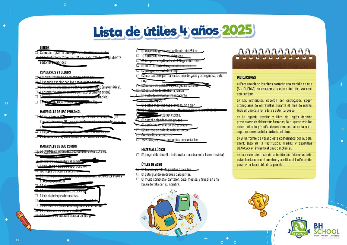 Lista de útiles escolares 2025 - Educación Inicial y Primaria - Studocu