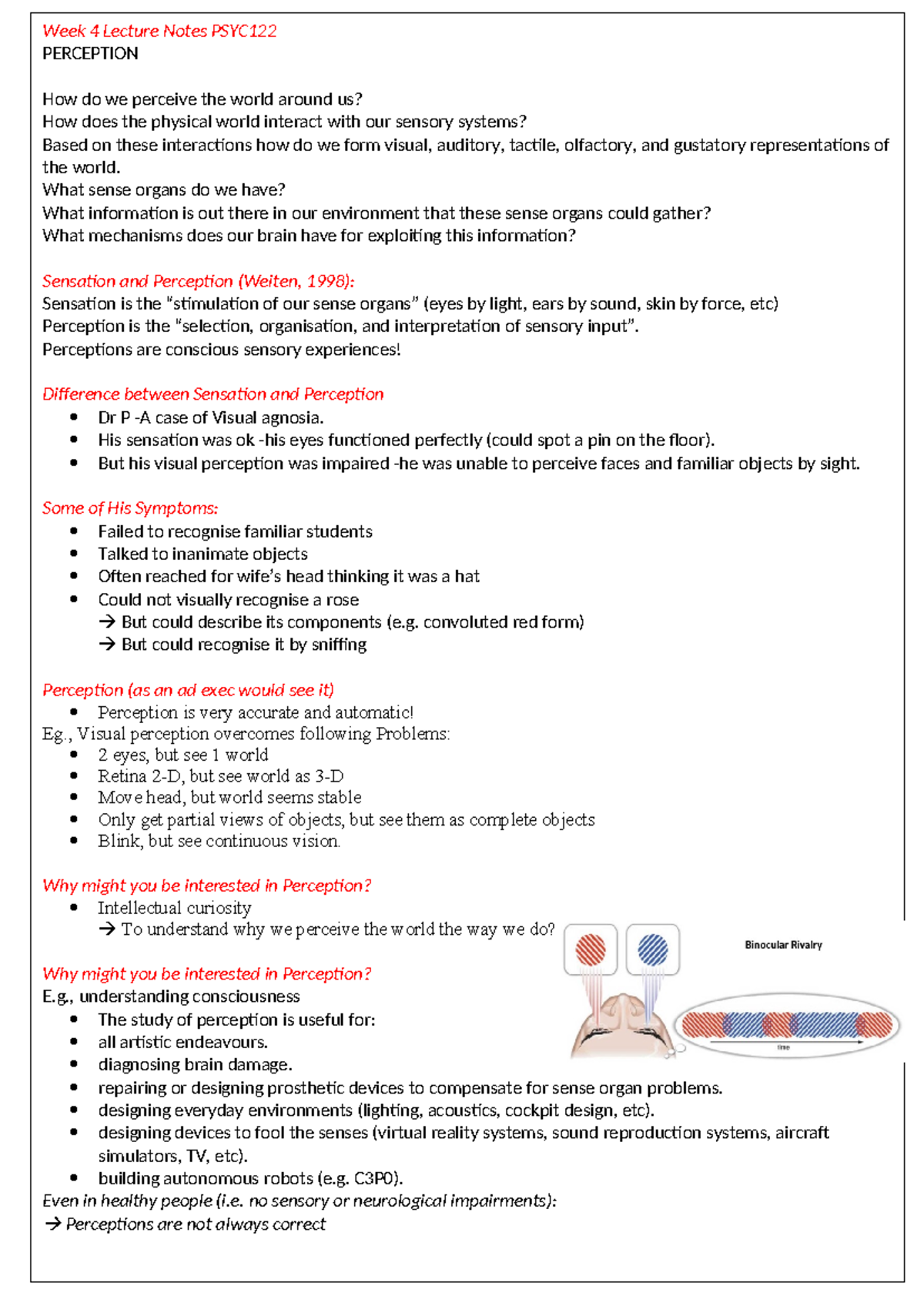 Week 4 Lecture Notes on Perception - PSYC122 Sensory Systems Explained ...
