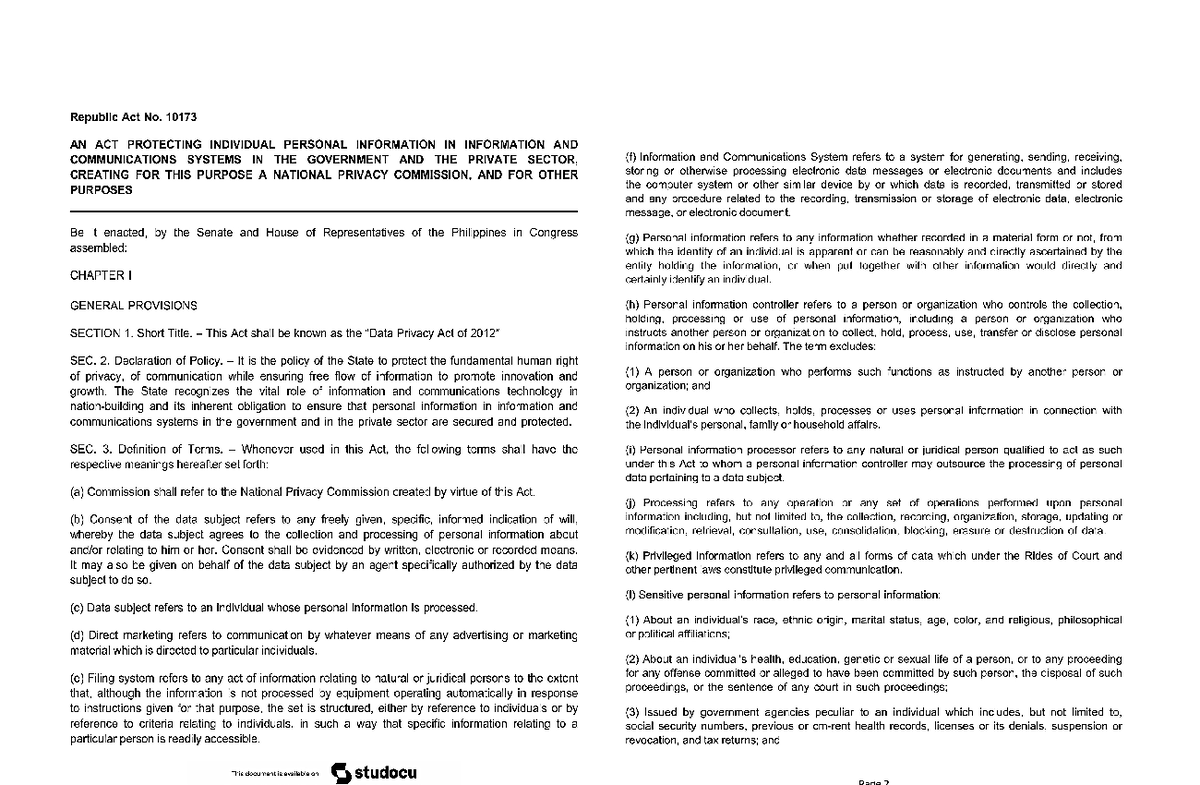 RA 10173 - DPA - data privacy - Republic Act No. 10173 AN ACT ...