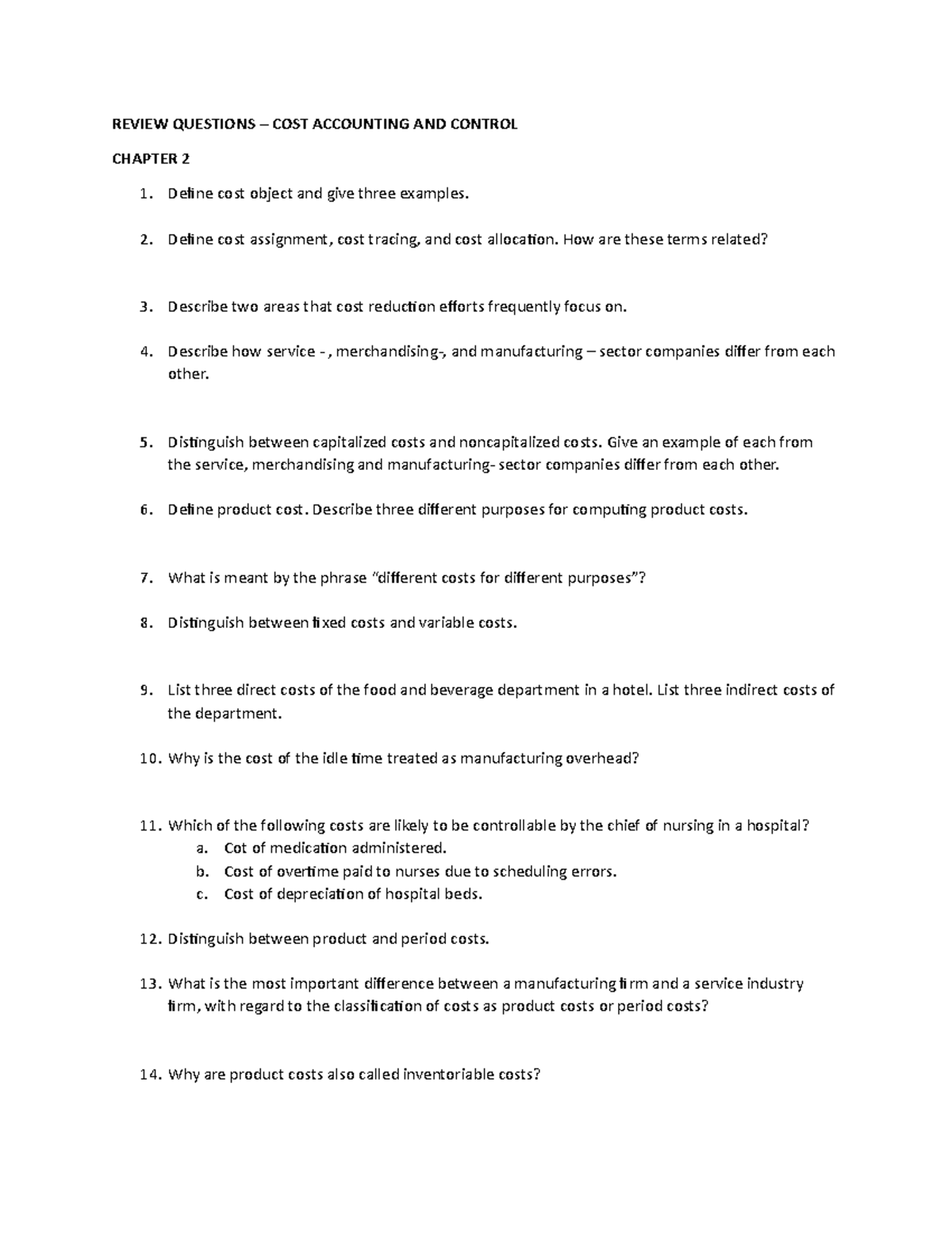 Review Questions - COST Accounting AND Control - REVIEW QUESTIONS ...