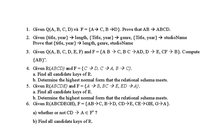 Ch06 - Bài Tập Chương 6 SPKT: Normal Forms & Candidate Keys - Studocu