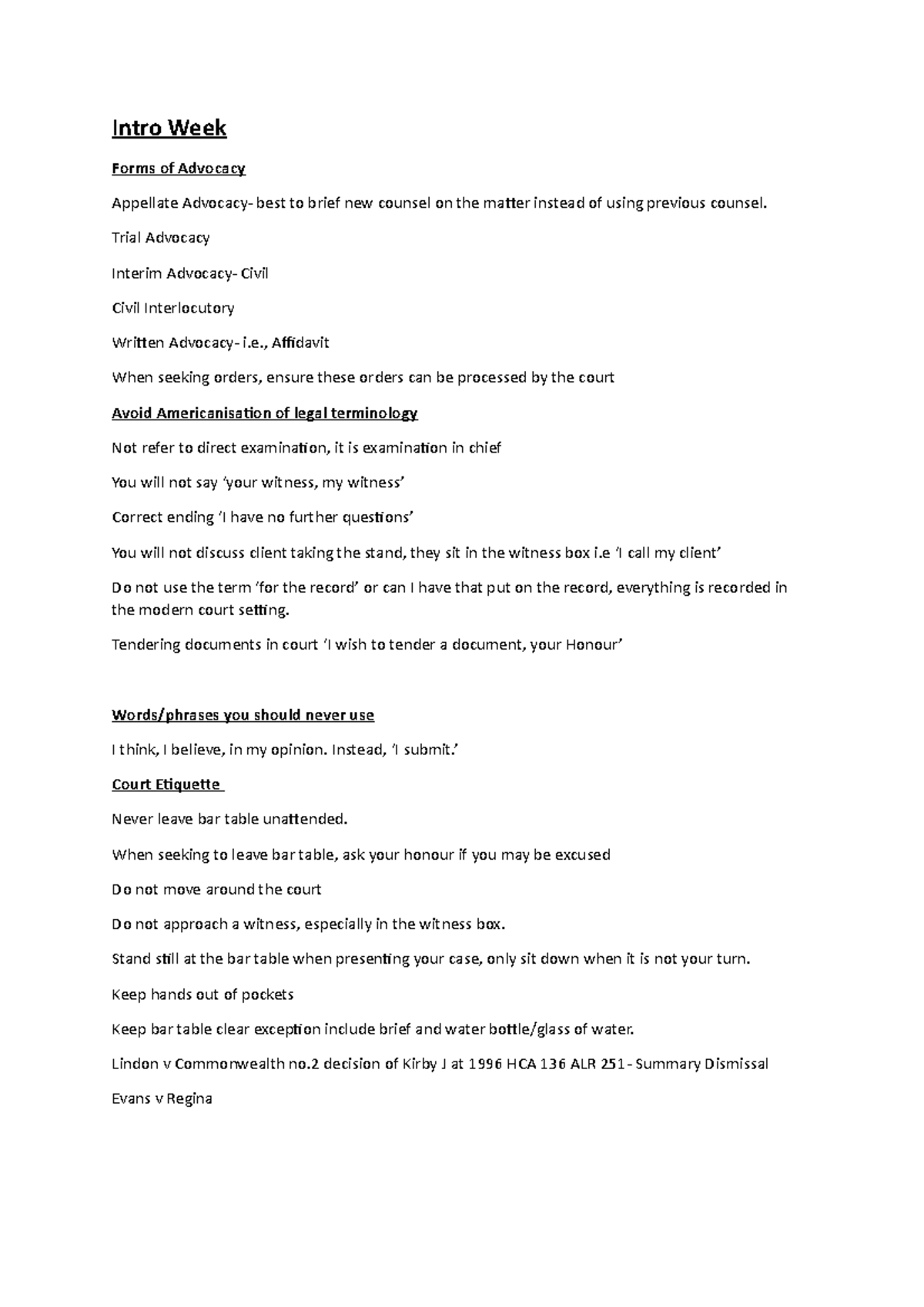 Advocacy Class 1 Notes - Intro Week Forms of Advocacy Appellate ...