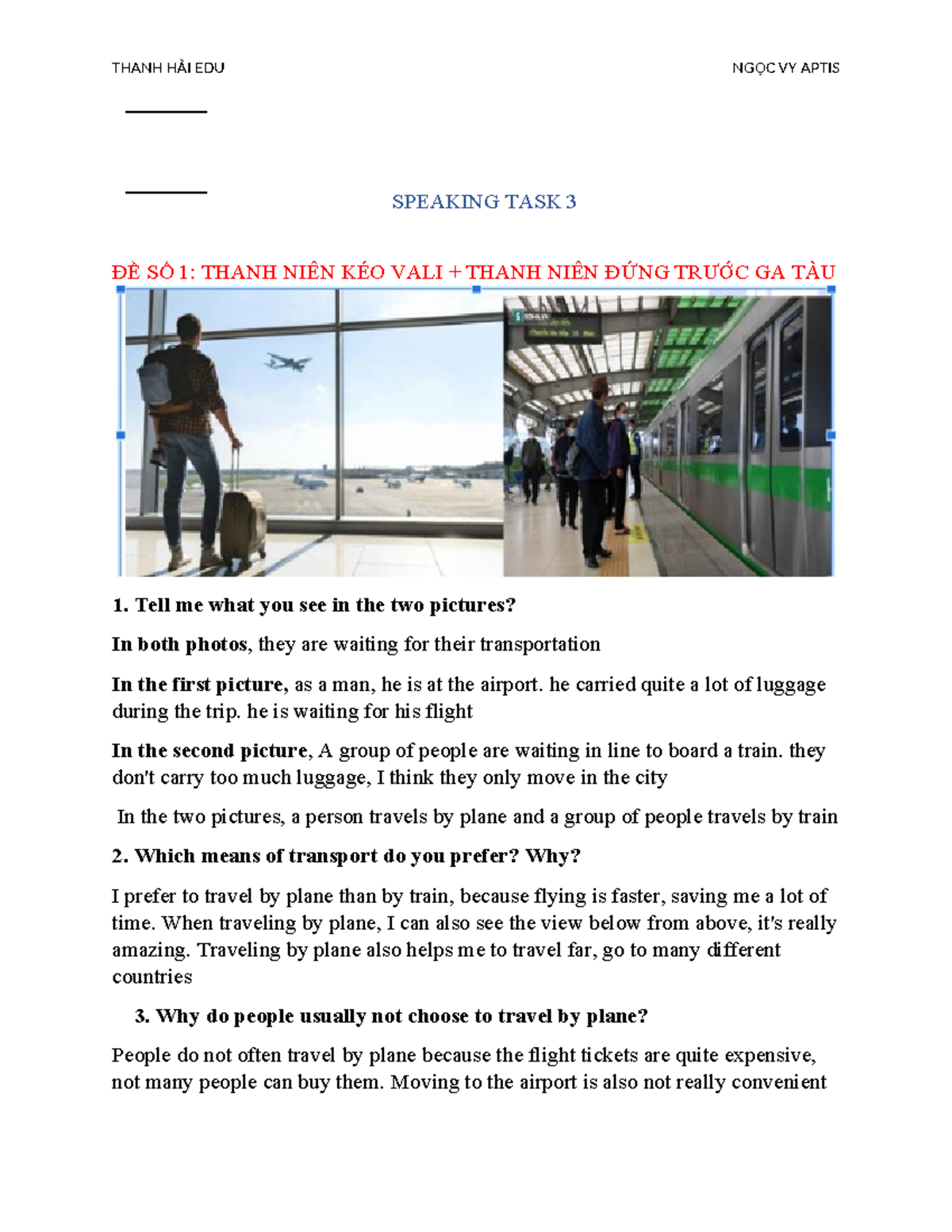 Task 3 - chắc sẽ có rất nhiều bạn cần - SPEAKING TASK 3 ĐỀ SỐ 1: THANH ...