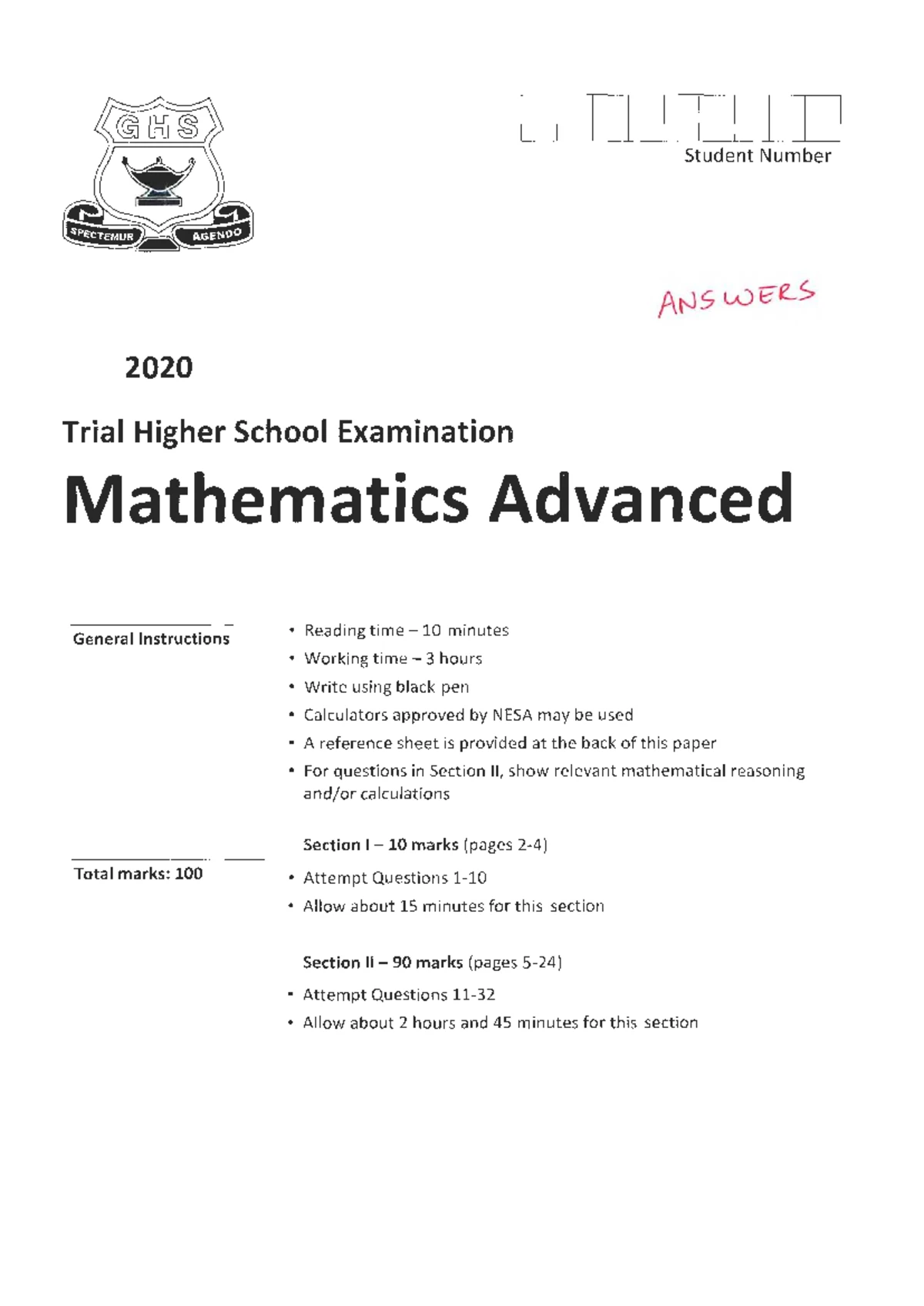 2020 Grafton HS Year 12 Math Adv Exam Document - Studocu